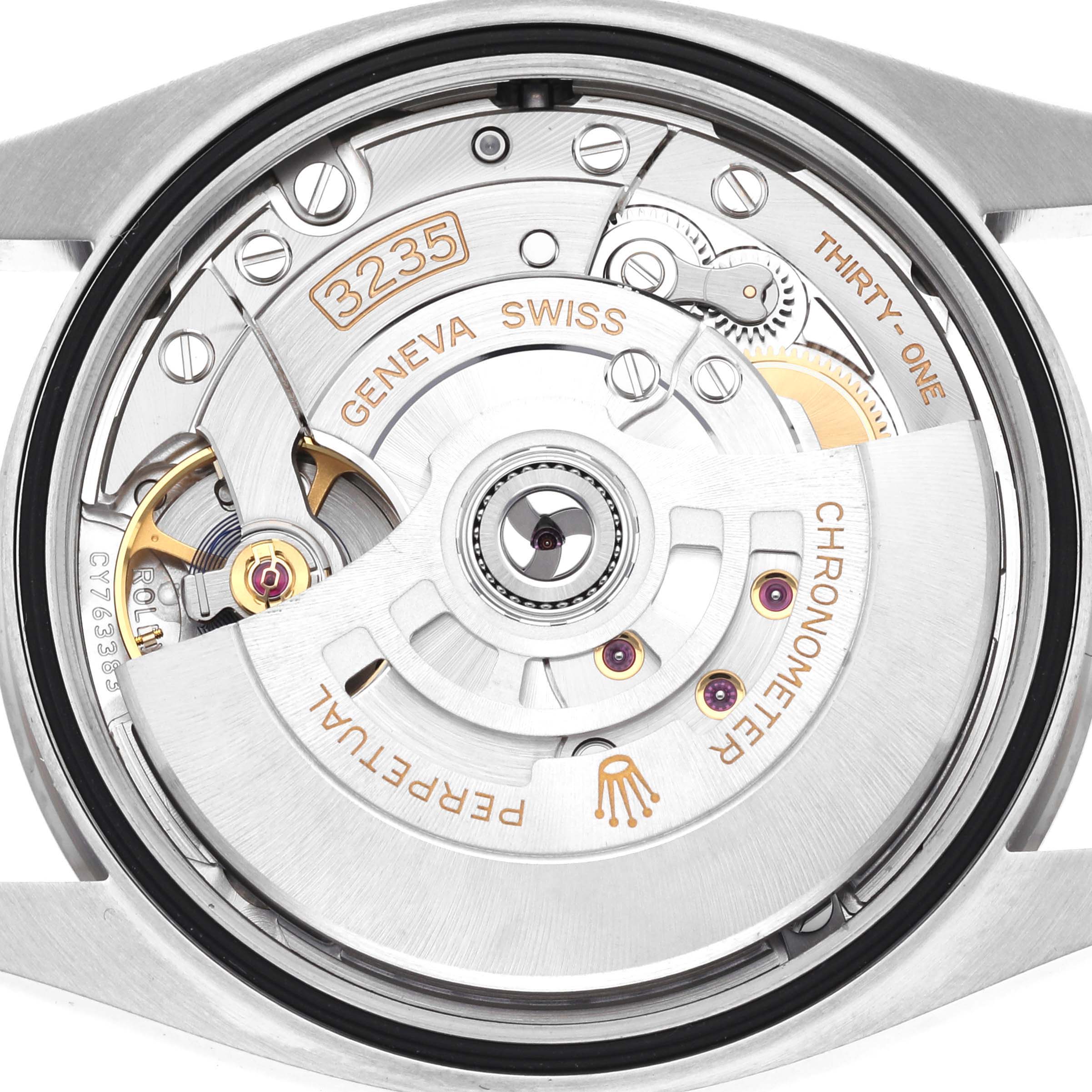 The image shows the back view of a Rolex Datejust 126234 Men's Stainless Steel Blue Dial 126234 Men's Stainless Steel Blue Dial, focusing on its automatic movement and detailed mechanisms.