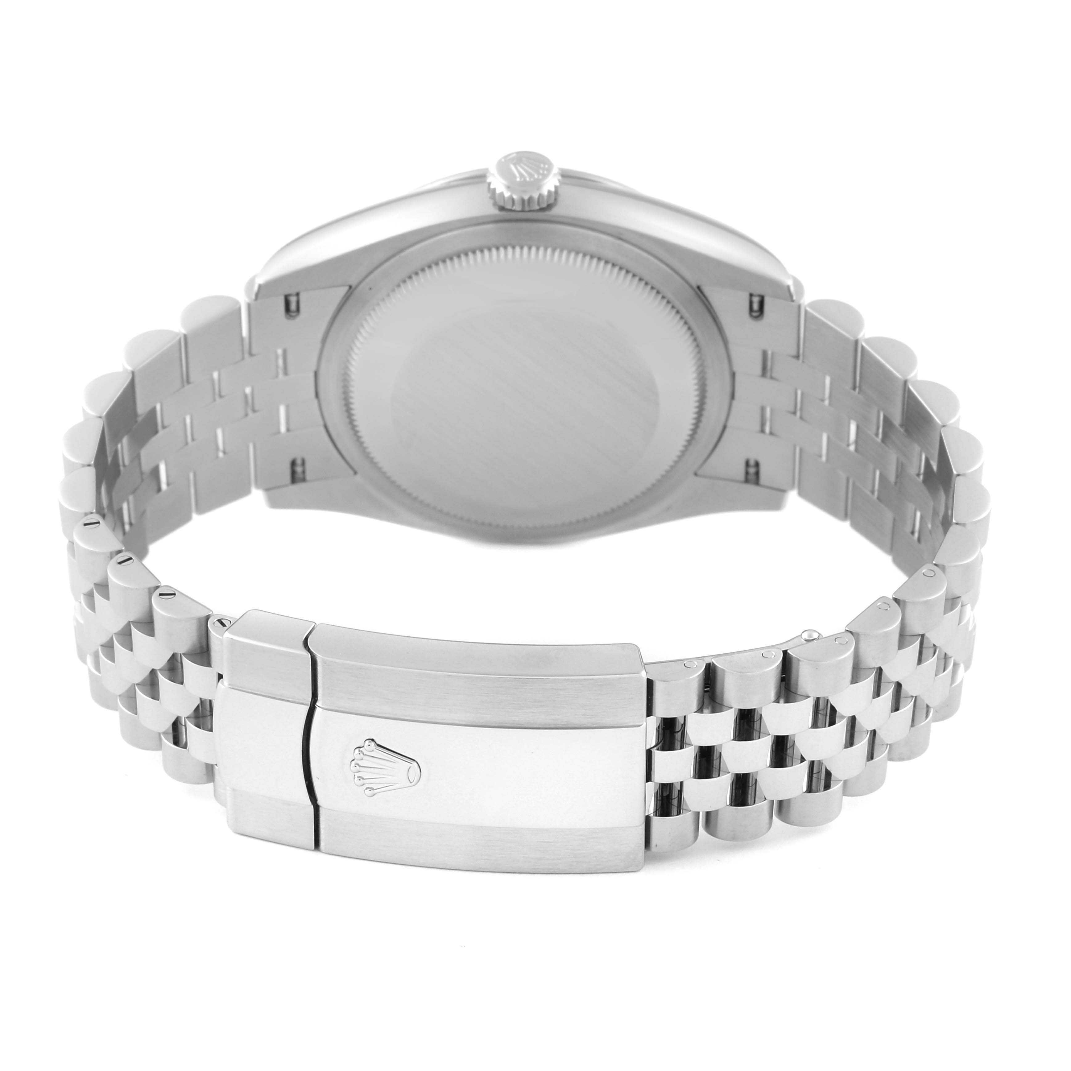 The Rolex Datejust 126234 Men's Stainless Steel Blue Dial 126234 Men's Stainless Steel Blue Dial watch is shown from the back, highlighting the clasp and bracelet.