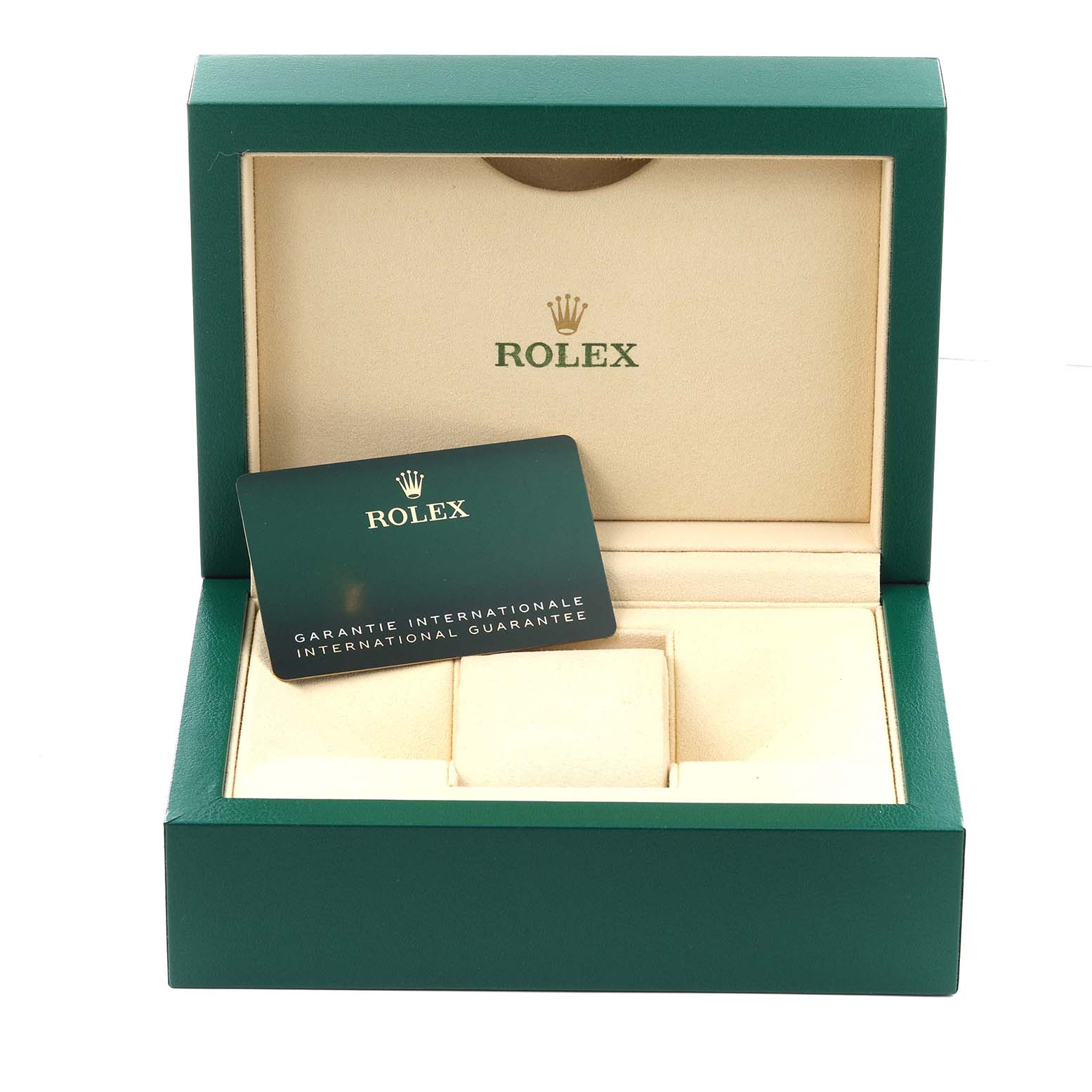 The image shows a Rolex Datejust 126234 Men's Stainless Steel Blue Dial 126234 Men's Stainless Steel Blue Dial watch box with an international guarantee card placed inside.