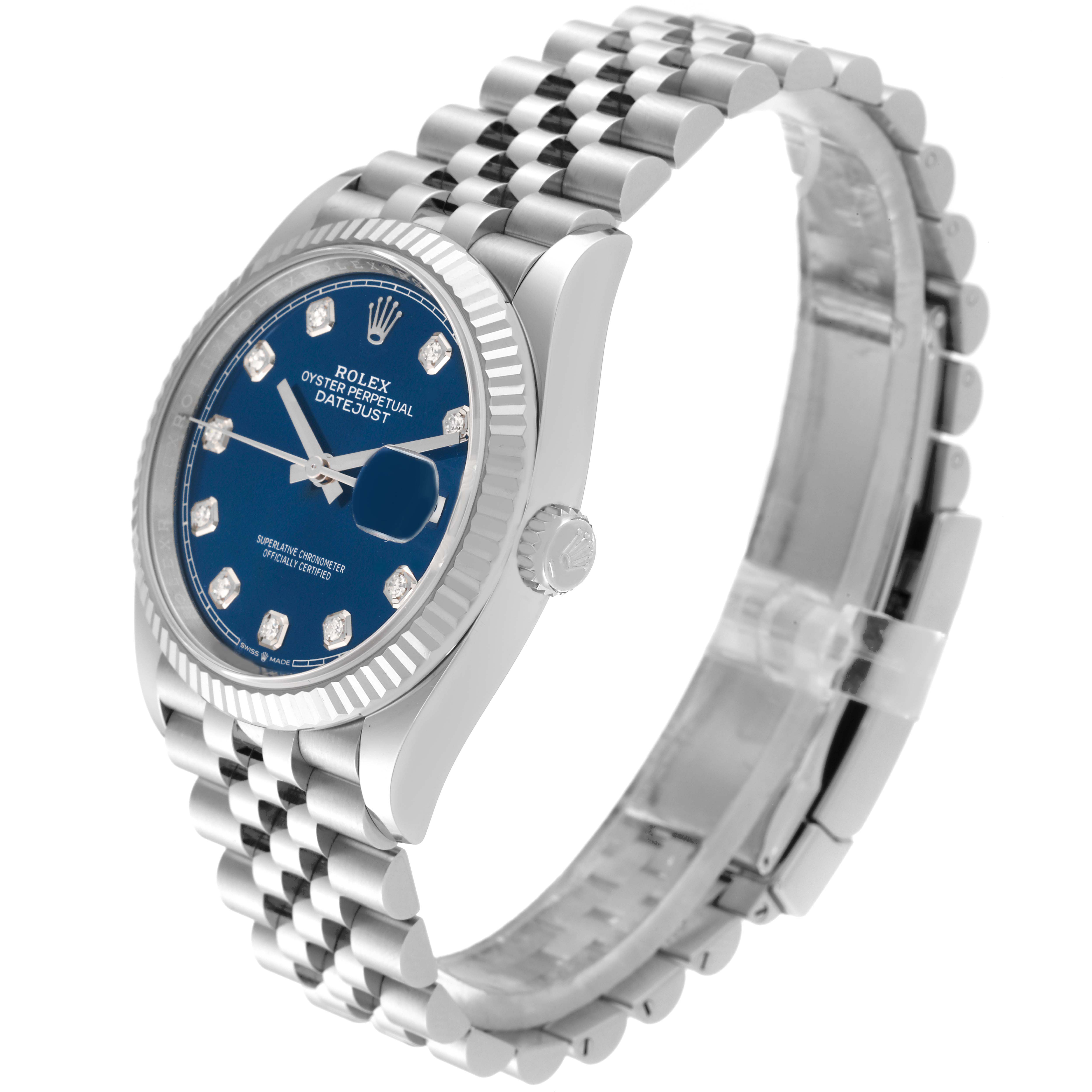 The Rolex Datejust 126234 Men's Stainless Steel Blue Dial 126234 Men's Stainless Steel Blue Dial watch is shown at a three-quarter angle, highlighting the dial, bezel, bracelet, and crown.