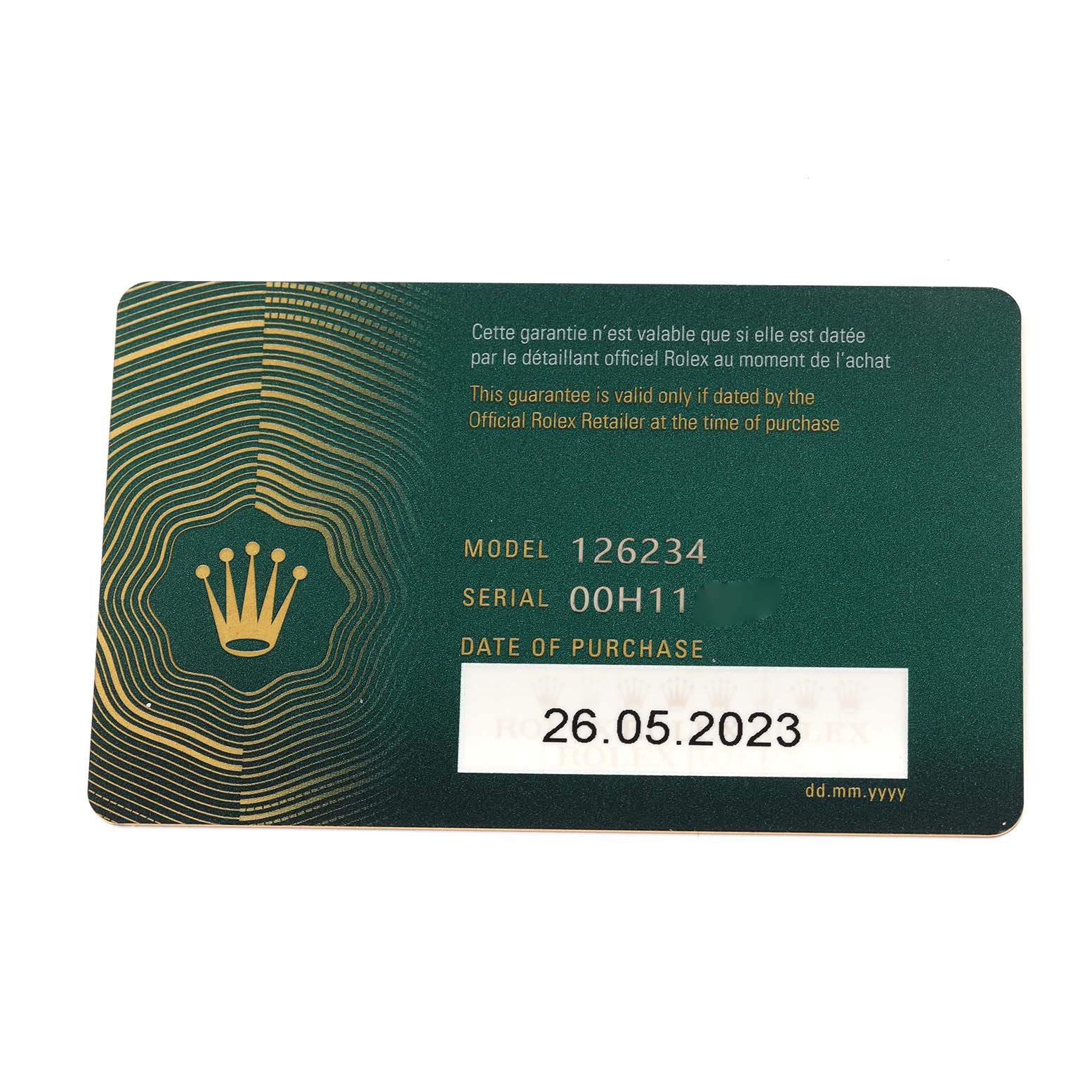 The image shows a warranty card for the Rolex Datejust 126234 Men's Stainless Steel Blue Dial 126234 Men's Stainless Steel Blue Dial model, featuring model and serial numbers.