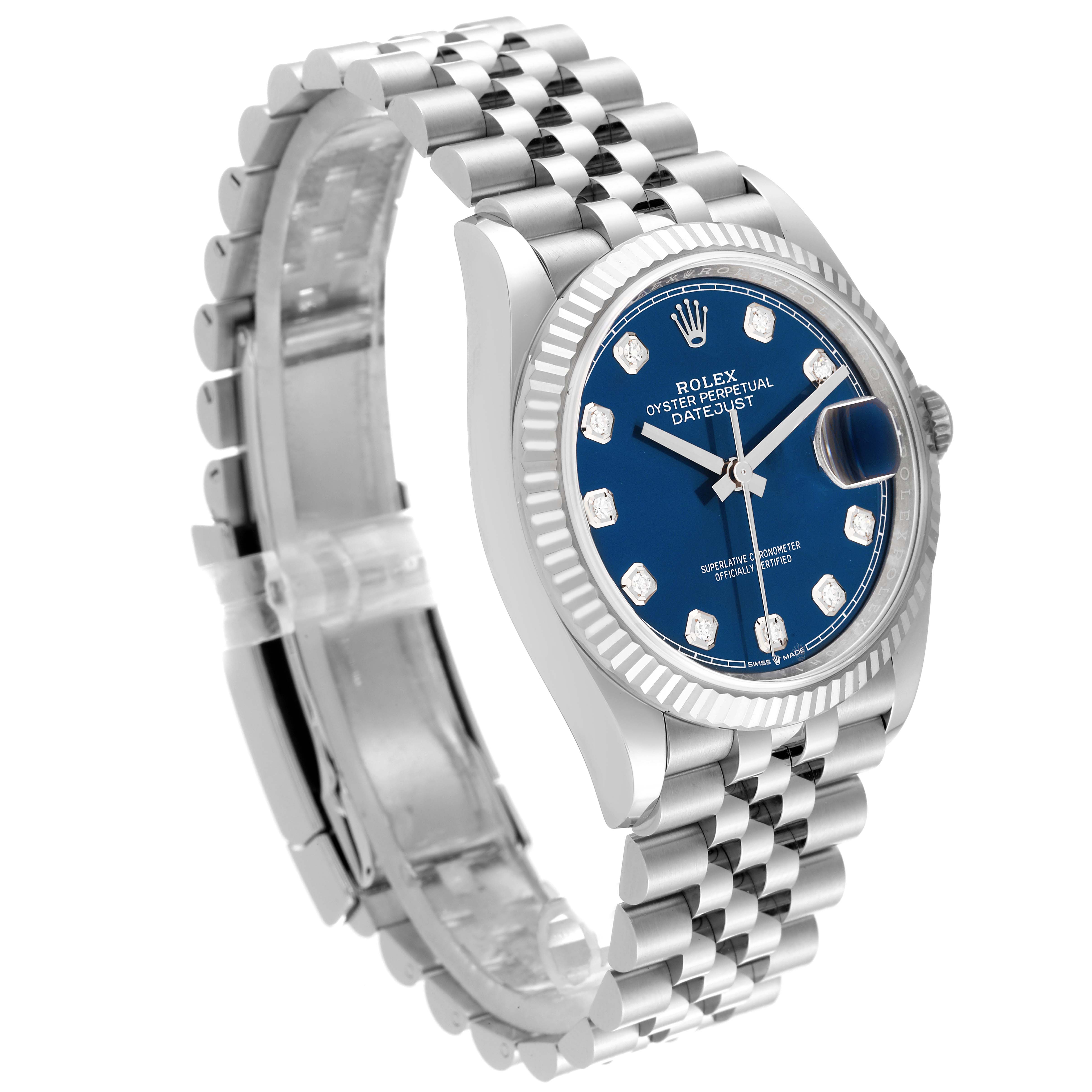 The Rolex Datejust 126234 Men's Stainless Steel Blue Dial 126234 Men's Stainless Steel Blue Dial watch is shown at a three-quarter angle, displaying the face, bezel, and bracelet.