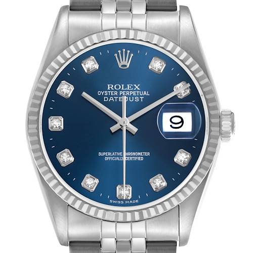 The Rolex Datejust 16234 Men's Stainless Steel Blue Dial watch is shown from the front, highlighting the dial, bezel, crown, and part of the bracelet.