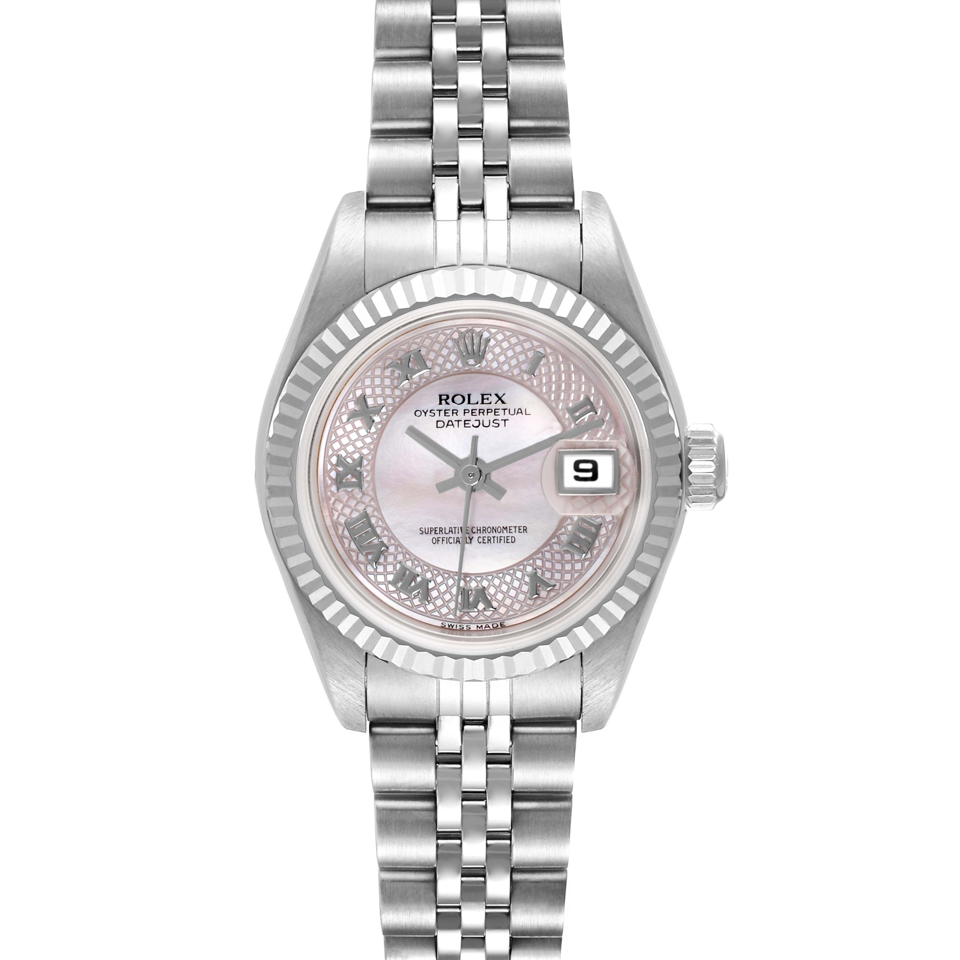 The Rolex Datejust 79174NRD Women's Stainless Steel Mother of Pearl Dial 79174NRD Women's Stainless Steel Mother of Pearl Dial watch is shown from a front view, displaying the dial, case, bezel, crown, and bracelet.