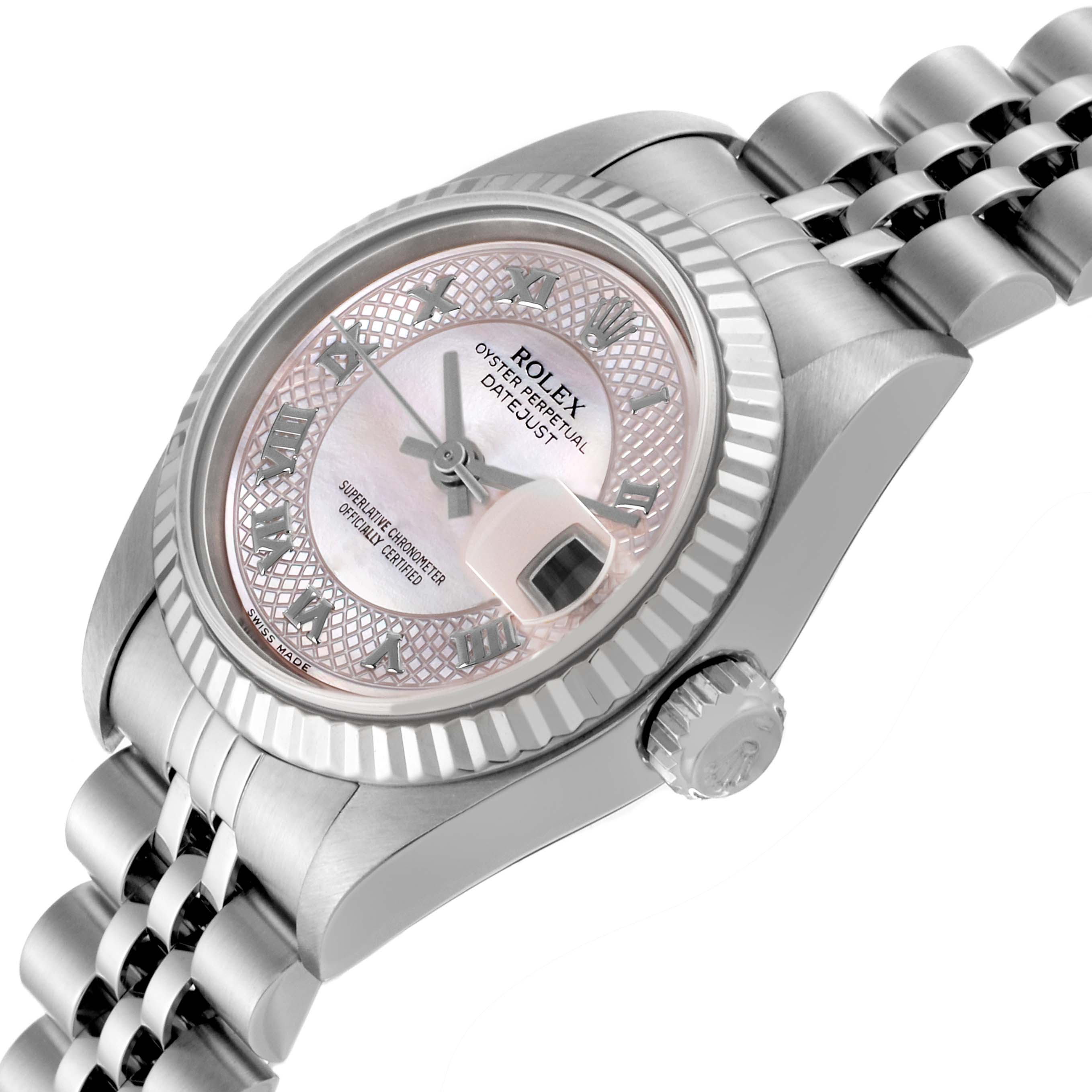 The Rolex Datejust 79174NRD Women's Stainless Steel Mother of Pearl Dial 79174NRD Women's Stainless Steel Mother of Pearl Dial watch is shown at an angled side view, highlighting the case, bezel, crown, and strap.