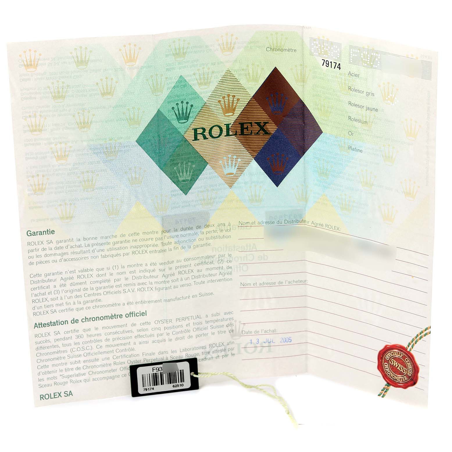 The image shows a warranty certificate for a Rolex Datejust 79174NRD Women's Stainless Steel Mother of Pearl Dial 79174NRD Women's Stainless Steel Mother of Pearl Dial, featuring logos, text, and a seal.