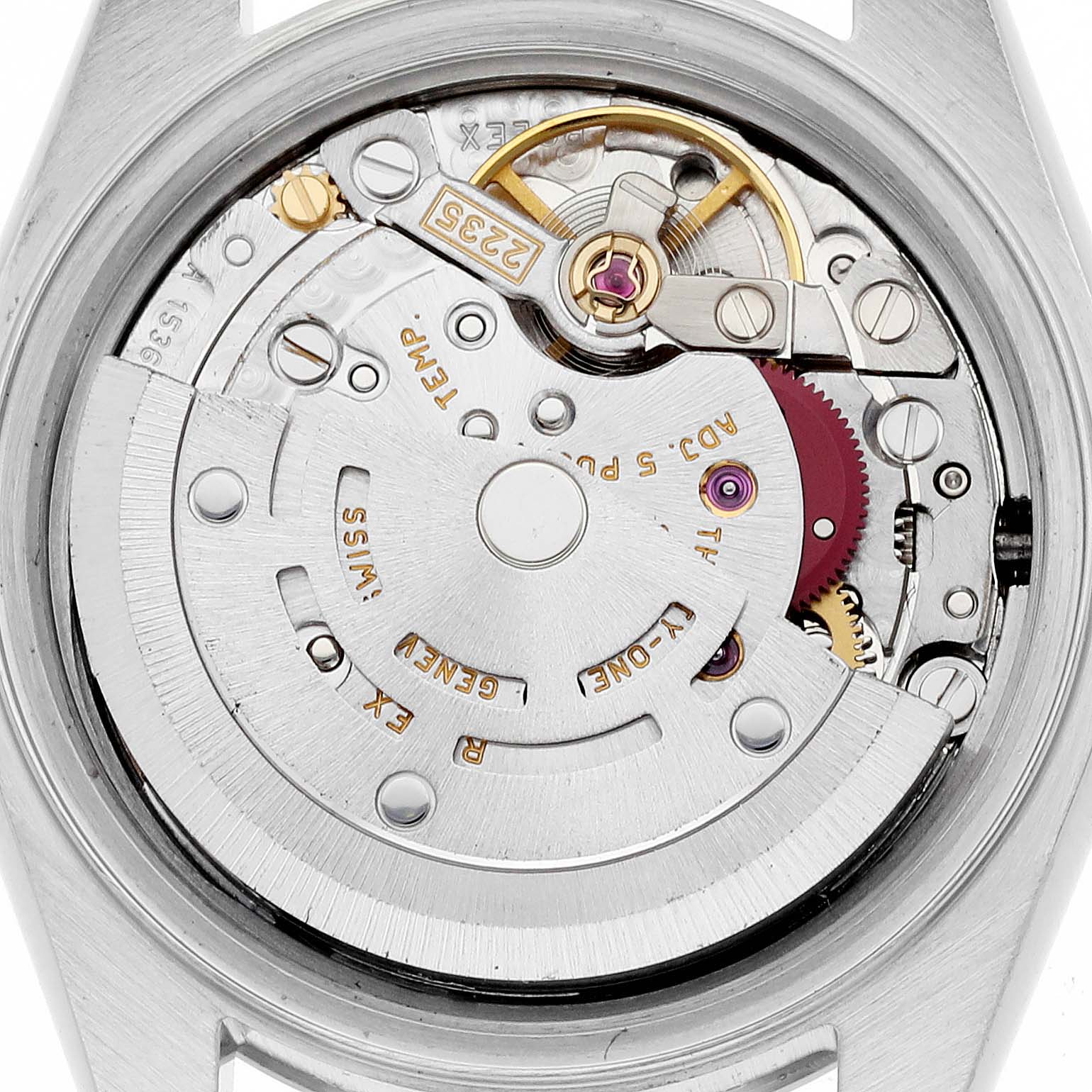 The image shows the internal mechanism of a Rolex Datejust 79174NRD Women's Stainless Steel Mother of Pearl Dial 79174NRD Women's Stainless Steel Mother of Pearl Dial watch from a top-down angle.