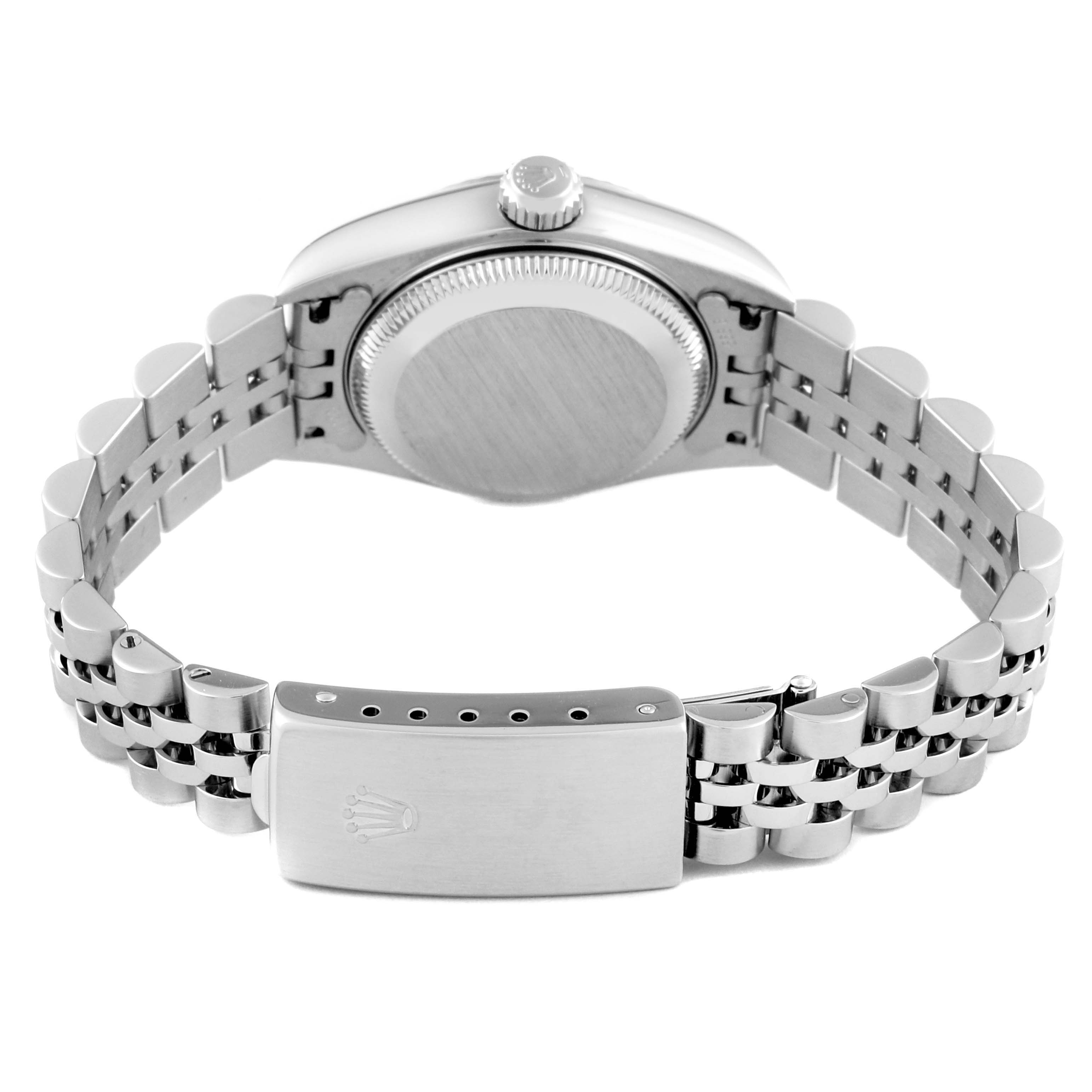 The image shows the back case and bracelet of a Rolex Datejust 79174NRD Women's Stainless Steel Mother of Pearl Dial 79174NRD Women's Stainless Steel Mother of Pearl Dial watch at a slightly angled view.