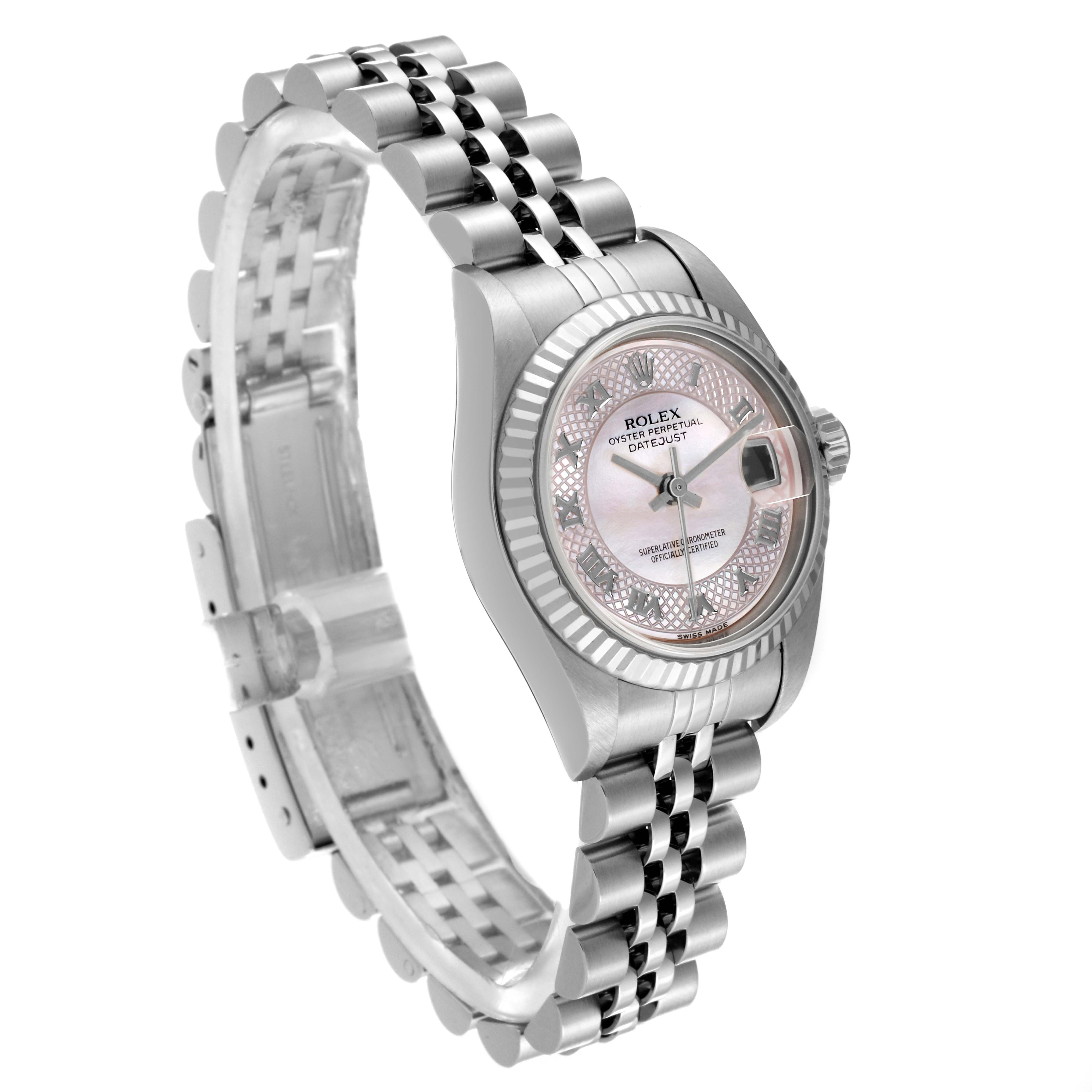 The Rolex Datejust 79174NRD Women's Stainless Steel Mother of Pearl Dial 79174NRD Women's Stainless Steel Mother of Pearl Dial watch is shown from a side angle, highlighting its face, bezel, and bracelet.