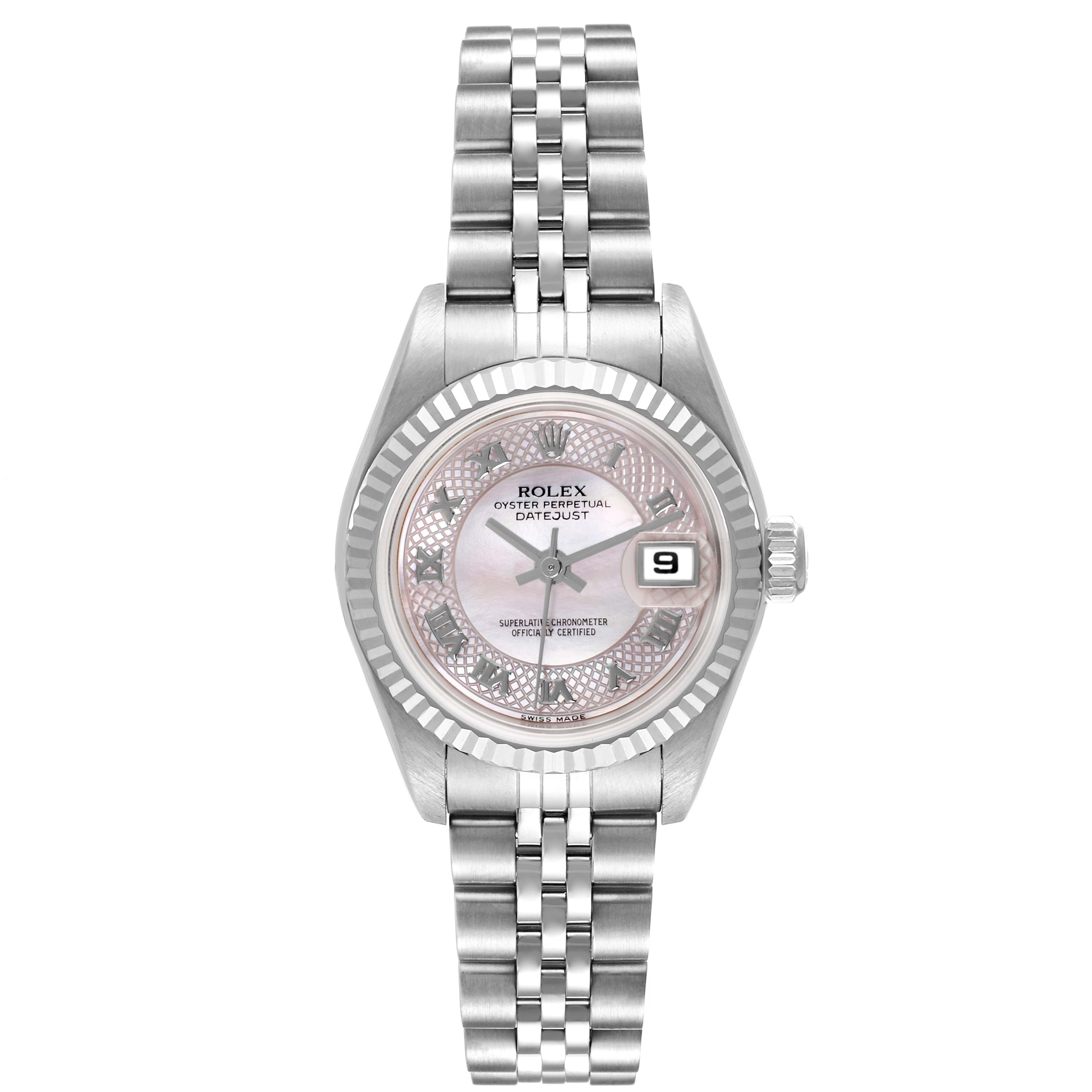 The Rolex Datejust 79174NRD Women's Stainless Steel Mother of Pearl Dial 79174NRD Women's Stainless Steel Mother of Pearl Dial watch is shown from a front angle, displaying the face, bracelet, bezel, and crown.
