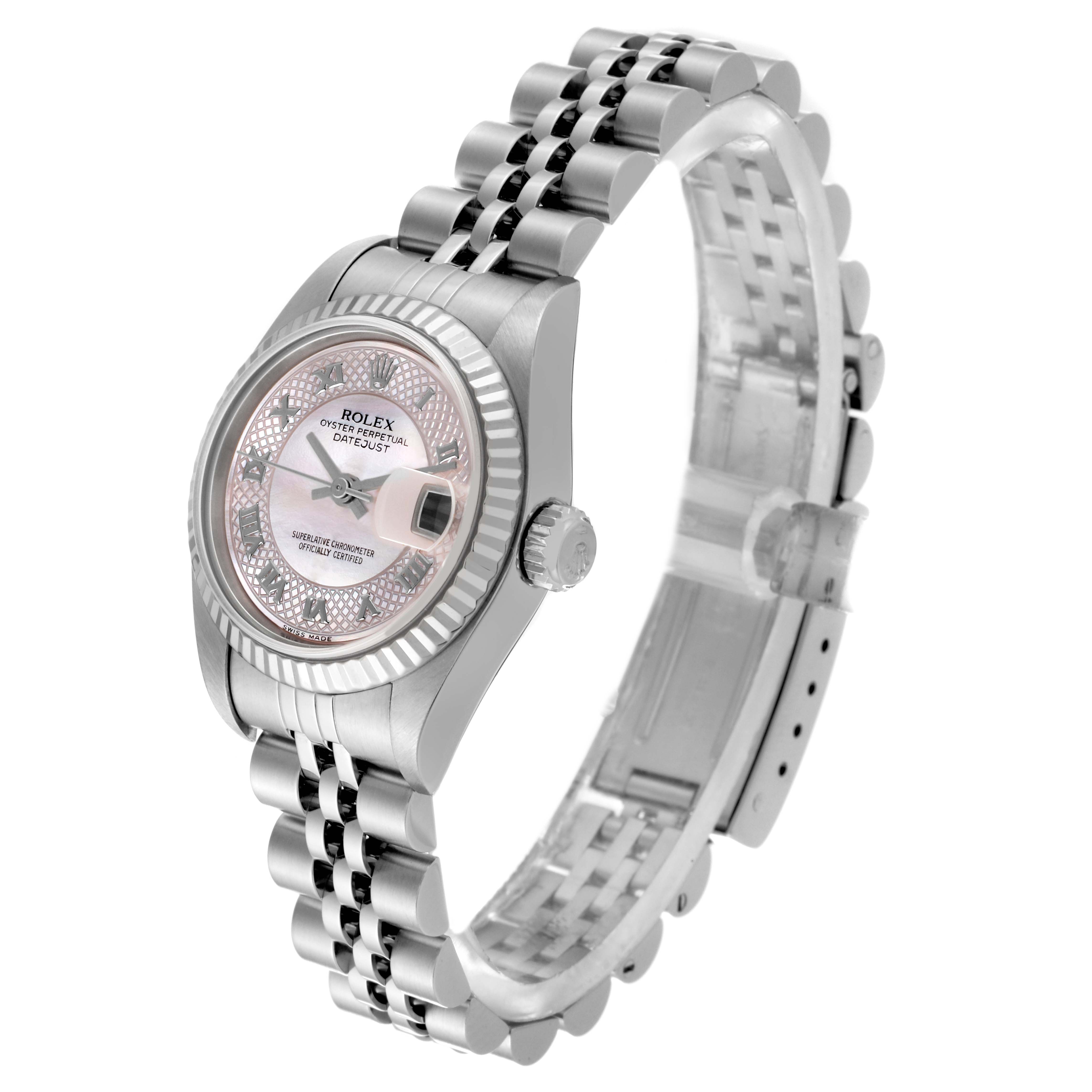 The Rolex Datejust 79174NRD Women's Stainless Steel Mother of Pearl Dial 79174NRD Women's Stainless Steel Mother of Pearl Dial watch is shown at a three-quarter angle, highlighting the face, bezel, crown, and bracelet.