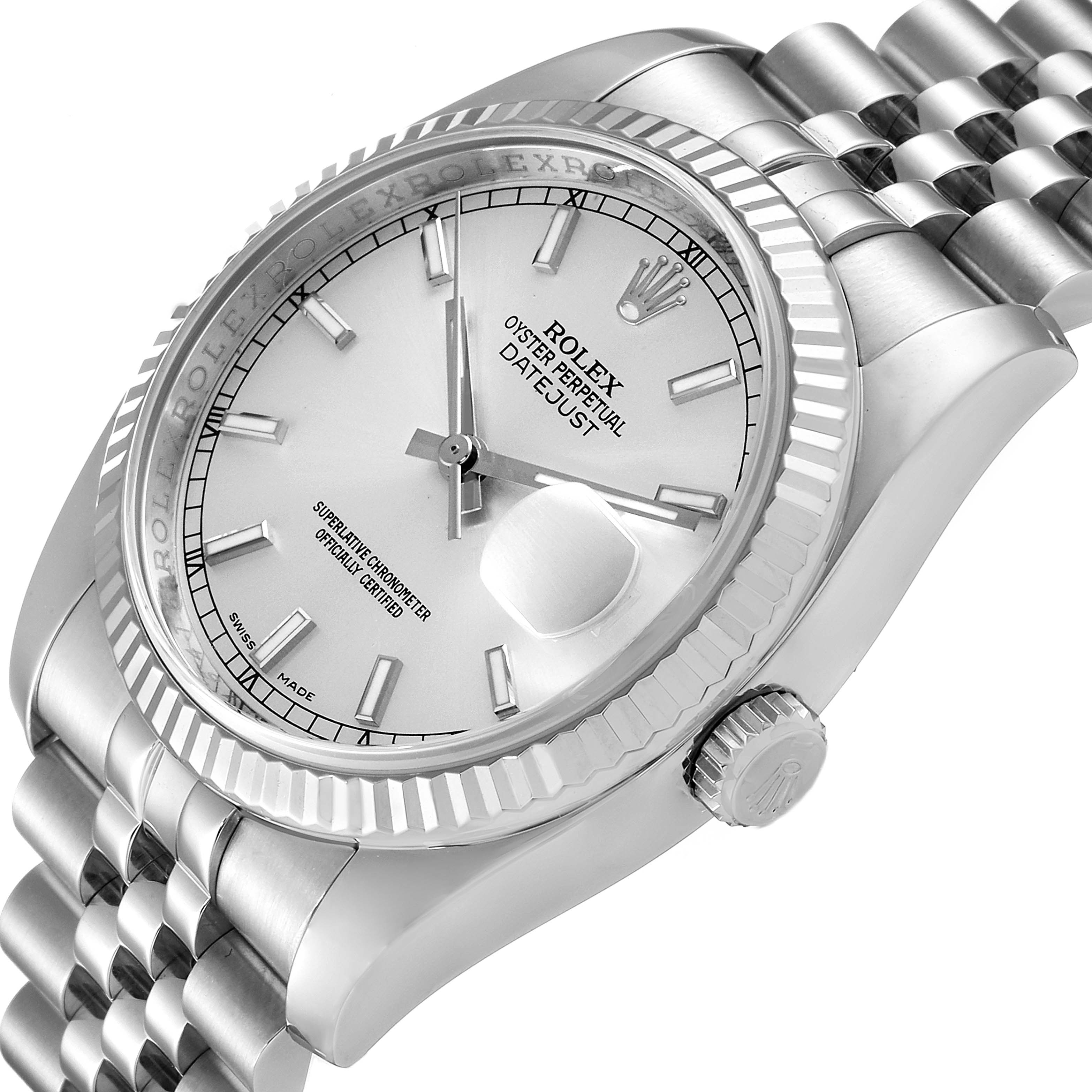 The image shows a Rolex Datejust 116234 Men's Stainless Steel Silver Dial 116234 Men's Stainless Steel Silver Dial model watch from a slight angle, highlighting its dial, bezel, crown, and bracelet.