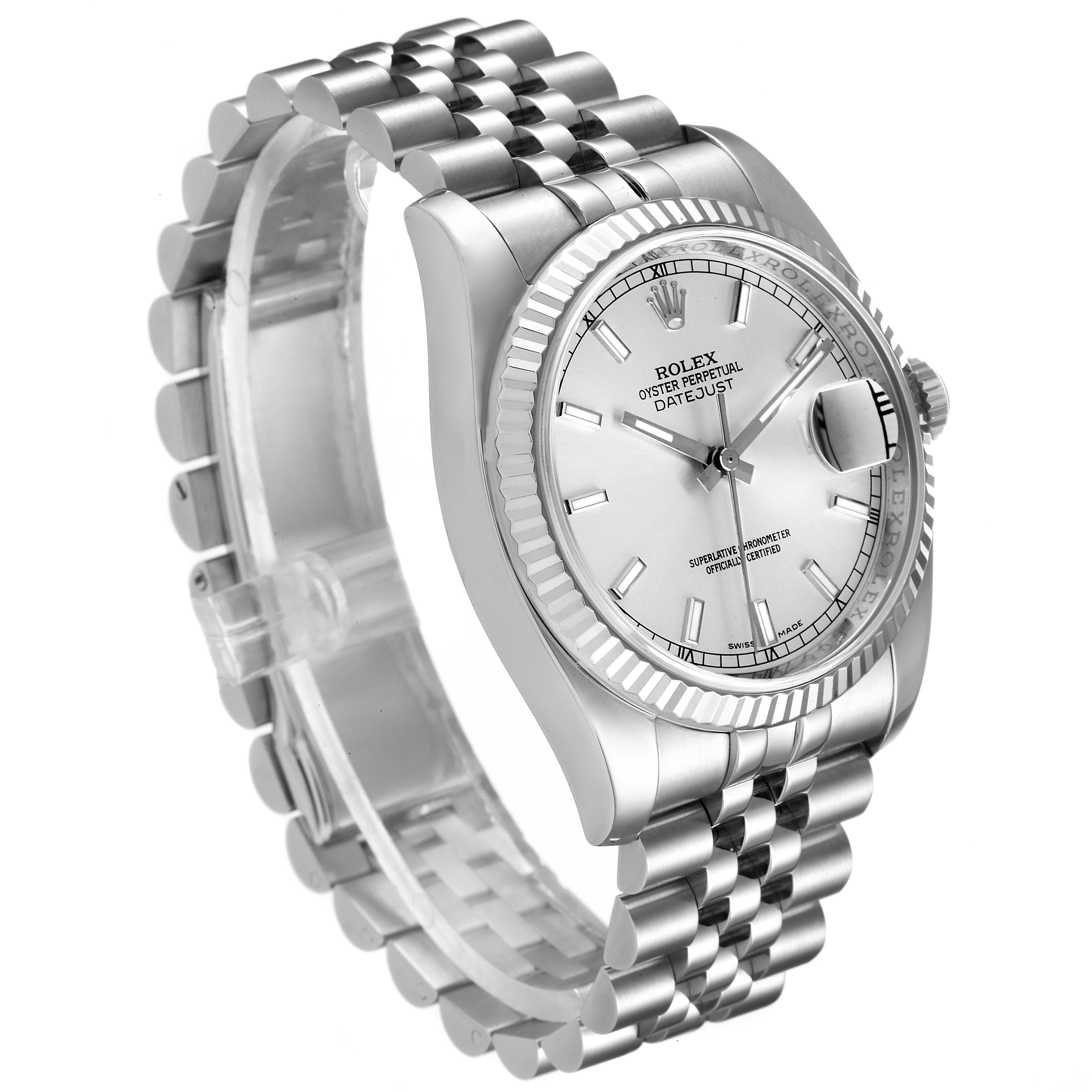The Rolex Datejust 116234 Men's Stainless Steel Silver Dial 116234 Men's Stainless Steel Silver Dial watch is shown at a three-quarter angle, highlighting the dial, bezel, crown, and bracelet.