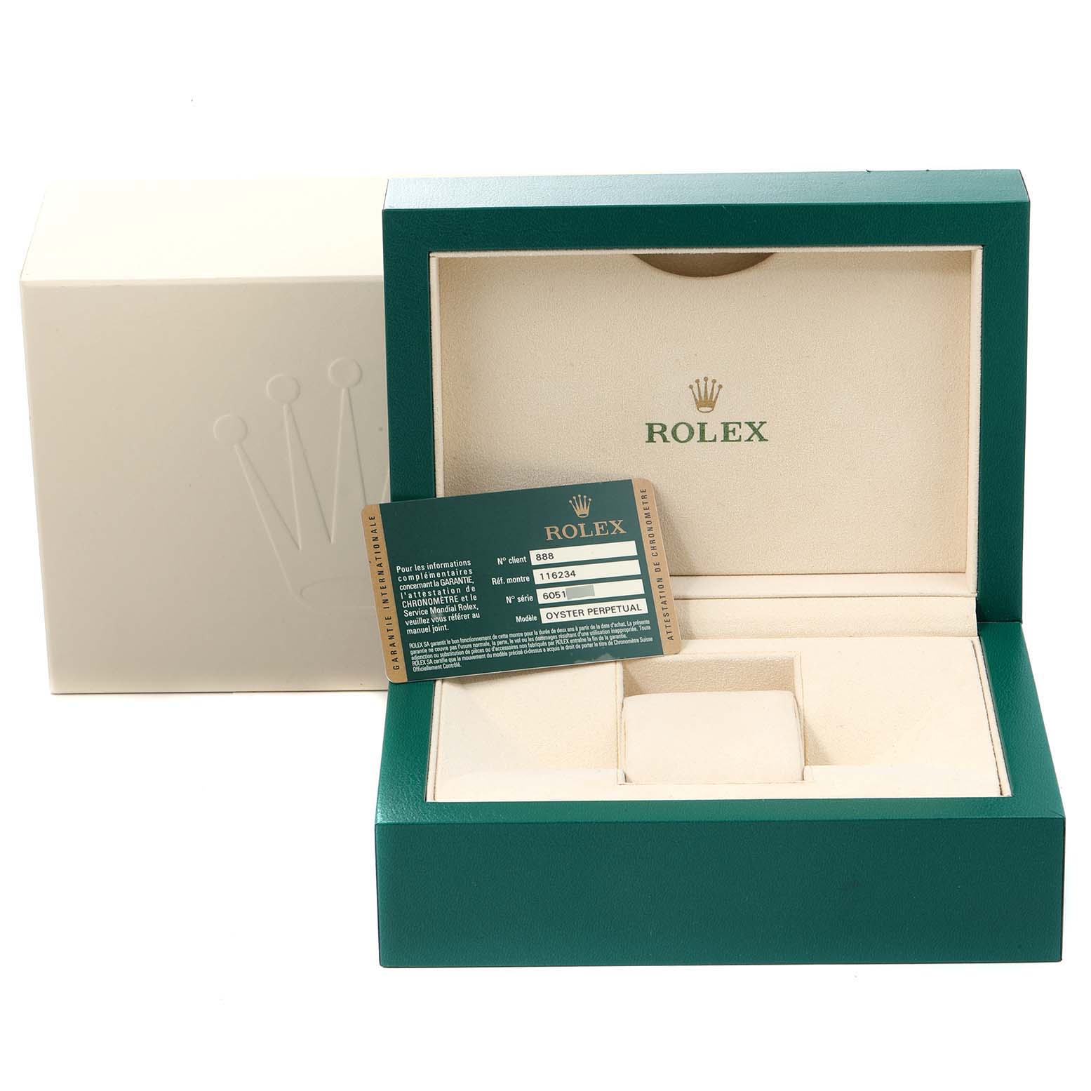 The image shows an open box and warranty card for a Rolex Datejust 116234 Men's Stainless Steel Silver Dial 116234 Men's Stainless Steel Silver Dial watch, angled slightly from the front.