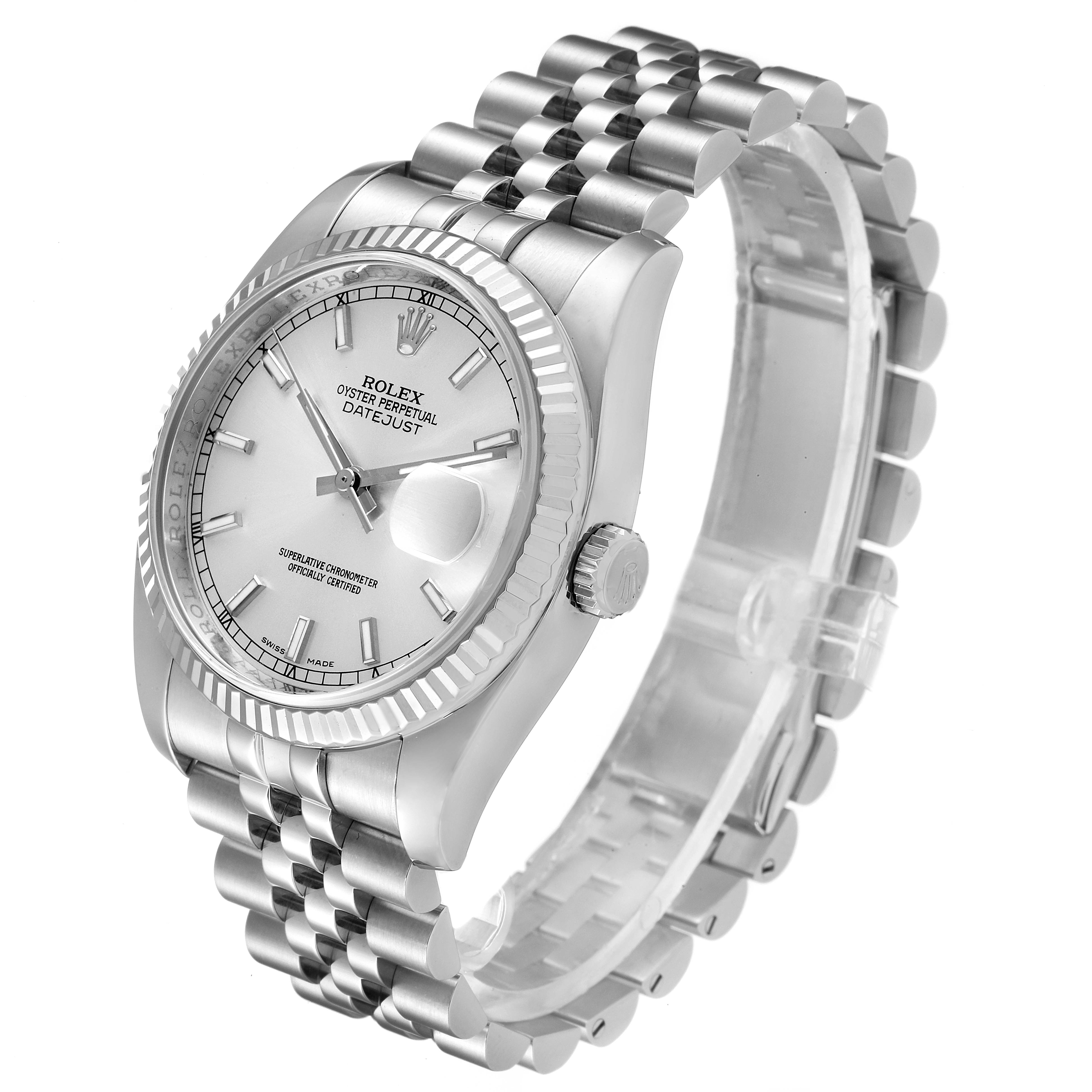 The Rolex Datejust 116234 Men's Stainless Steel Silver Dial 116234 Men's Stainless Steel Silver Dial watch is shown from a three-quarter angle, highlighting the dial, bezel, crown, and bracelet.