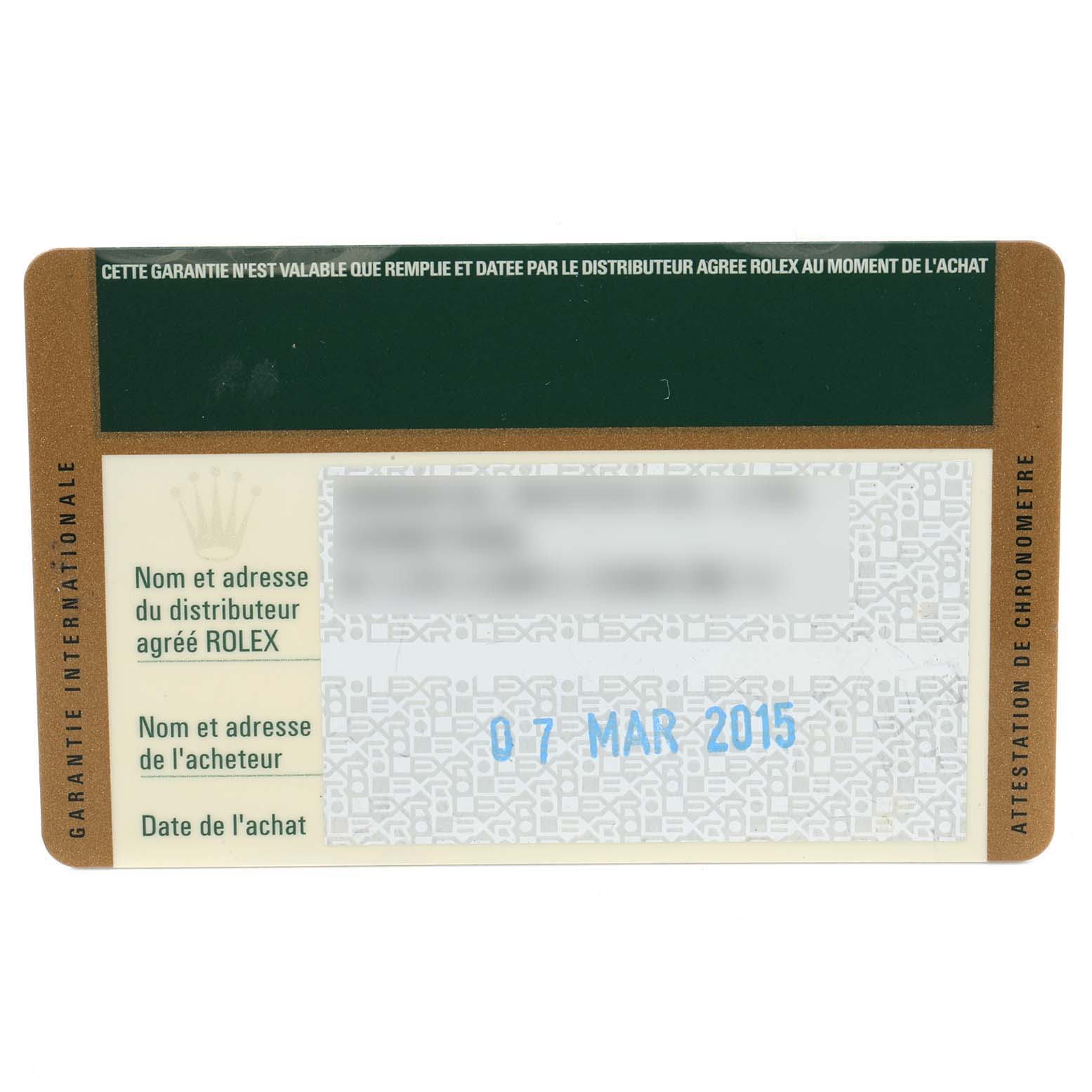 This image shows an international warranty card for the Rolex Datejust 116234 Men's Stainless Steel Silver Dial 116234 Men's Stainless Steel Silver Dial model.