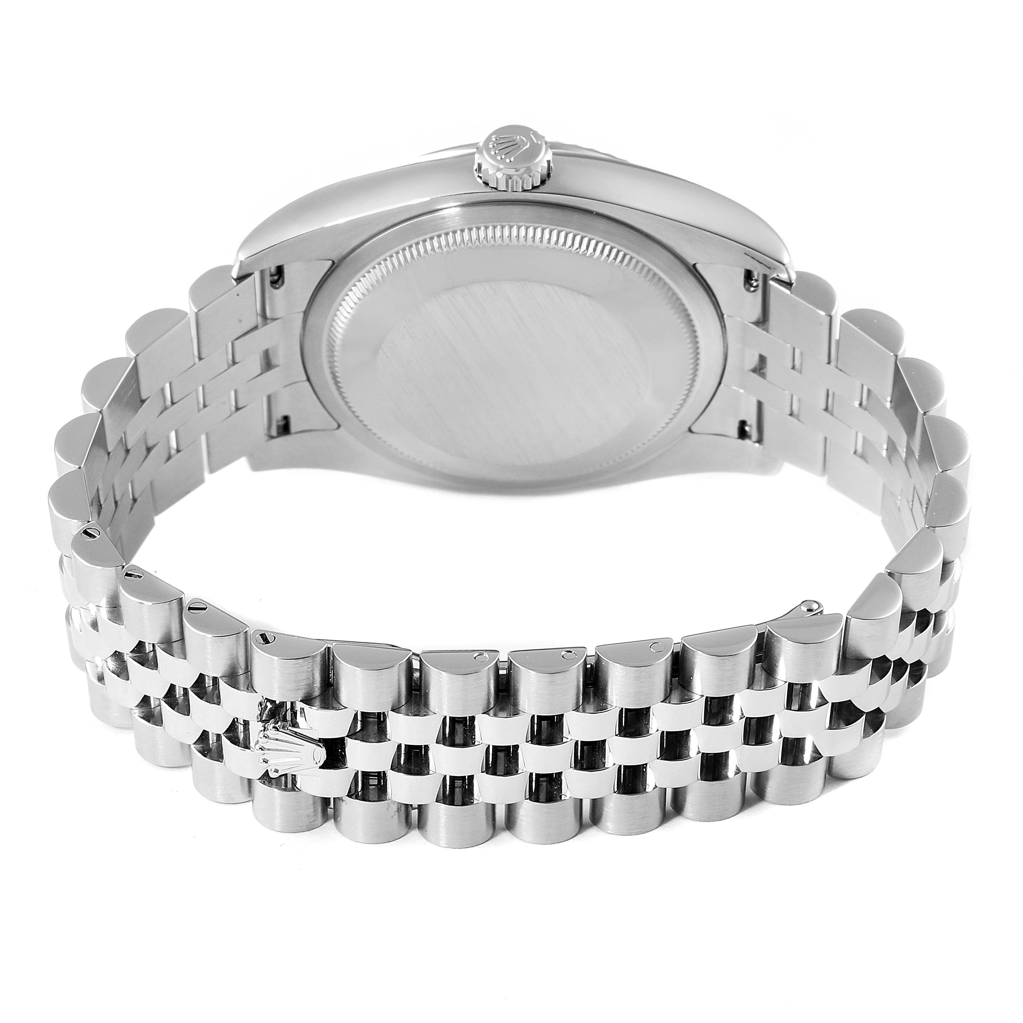 The image shows the back case and bracelet of the Rolex Datejust 116234 Men's Stainless Steel Silver Dial 116234 Men's Stainless Steel Silver Dial watch, viewed from an angle focusing on the clasp and crown.