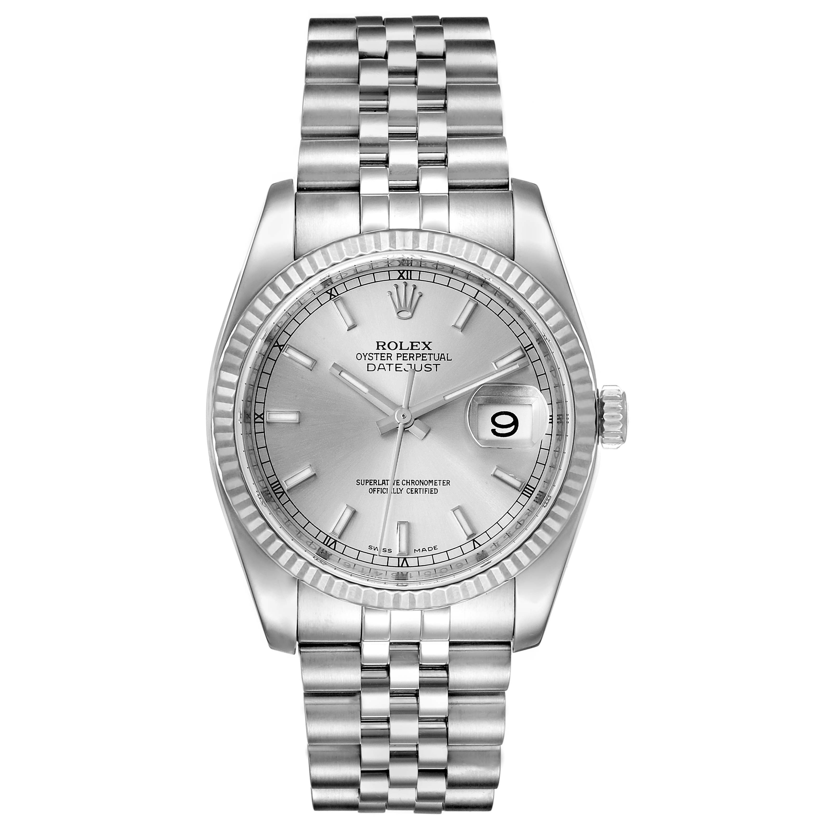 This is a front view image of a Rolex Datejust 116234 Men's Stainless Steel Silver Dial 116234 Men's Stainless Steel Silver Dial watch, showing the face, bracelet, and dial details.