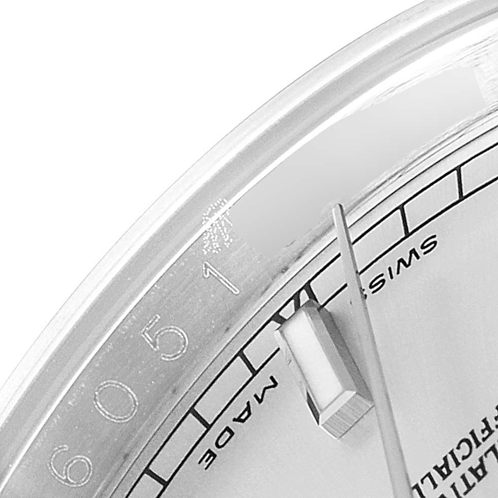 The image shows a close-up angle of the Rolex Datejust 116234 Men's Stainless Steel Silver Dial 116234 Men's Stainless Steel Silver Dial watch, displaying part of the dial, chapter ring, and indices.