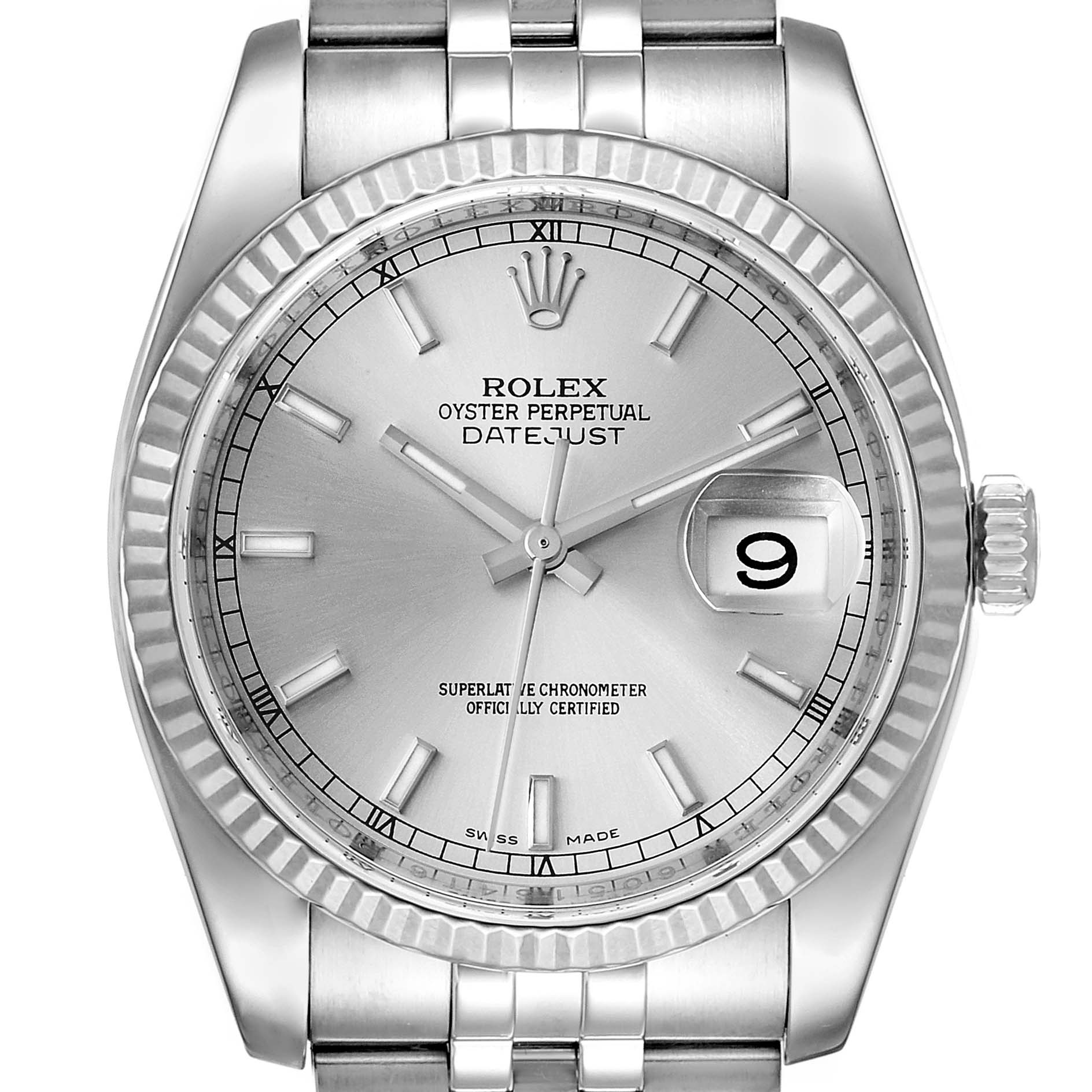 This image shows the front view of a Rolex Datejust 116234 Men's Stainless Steel Silver Dial 116234 Men's Stainless Steel Silver Dial watch, highlighting the dial, hands, date display, and part of the bracelet.