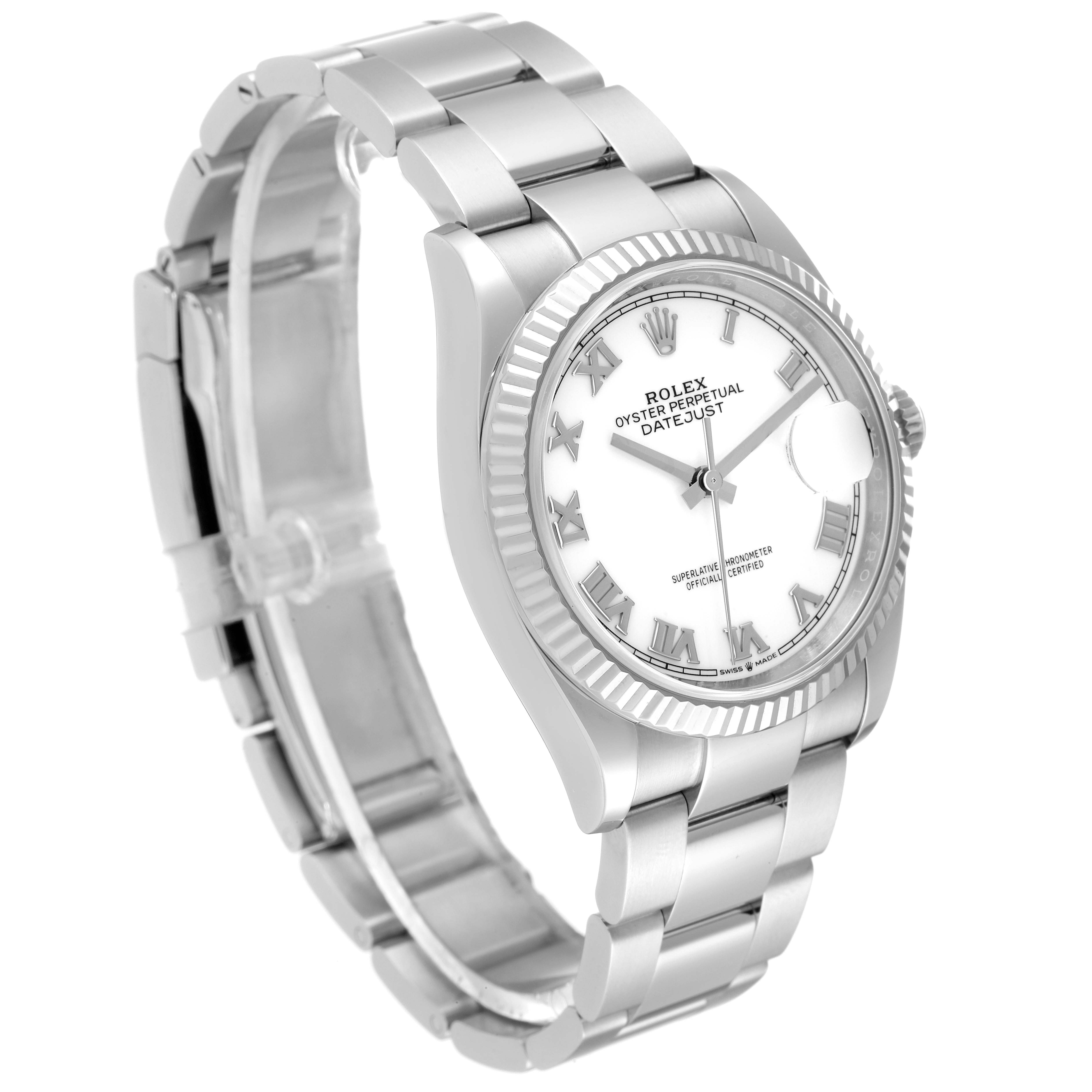 This image shows a side angle of the Rolex Datejust 126234 Men's Stainless Steel White Dial 126234 Men's Stainless Steel White Dial watch, displaying its bracelet, case, and dial with the date feature.