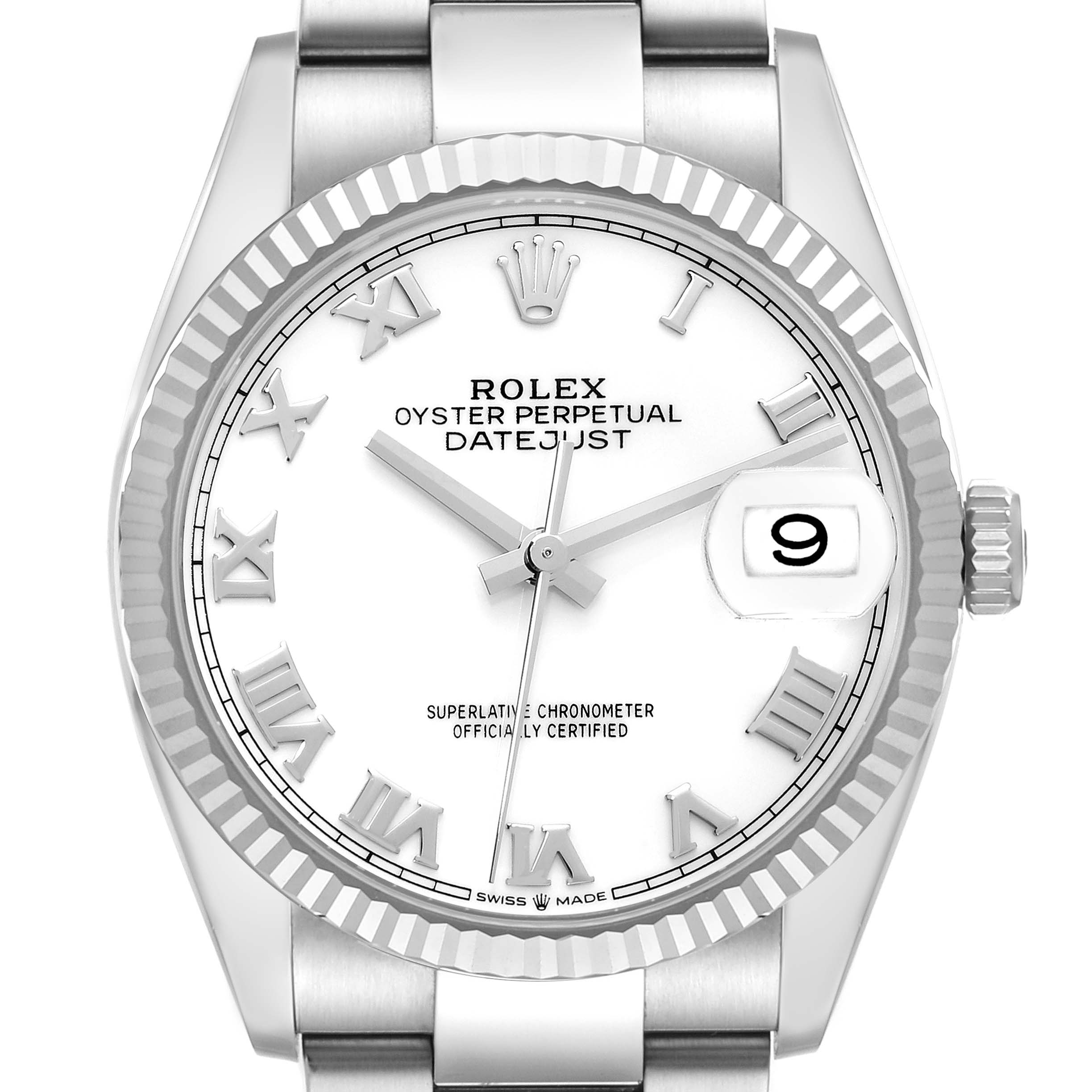 This image shows a close-up, front view of a Rolex Datejust 126234 Men's Stainless Steel White Dial 126234 Men's Stainless Steel White Dial watch, highlighting the dial, bezel, and part of the bracelet.