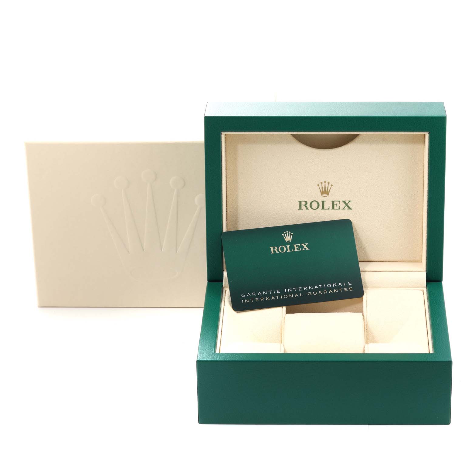 This image shows the cushioning and guarantee card inside an open Rolex Datejust 126234 Men's Stainless Steel White Dial 126234 Men's Stainless Steel White Dial watch box.