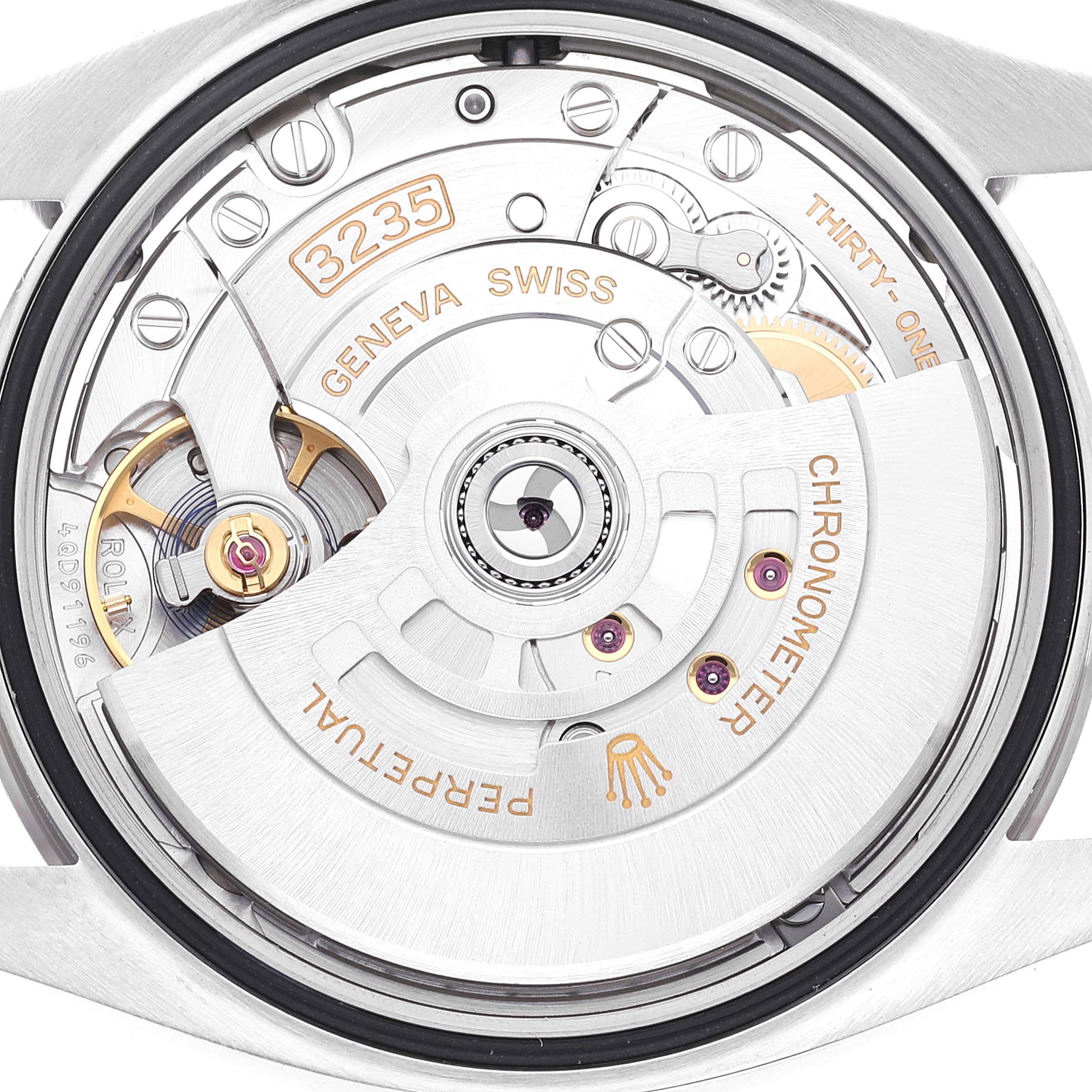 The image shows the intricate movement and inner mechanics of the Rolex Datejust 126234 Men's Stainless Steel White Dial 126234 Men's Stainless Steel White Dial watch from a back perspective.