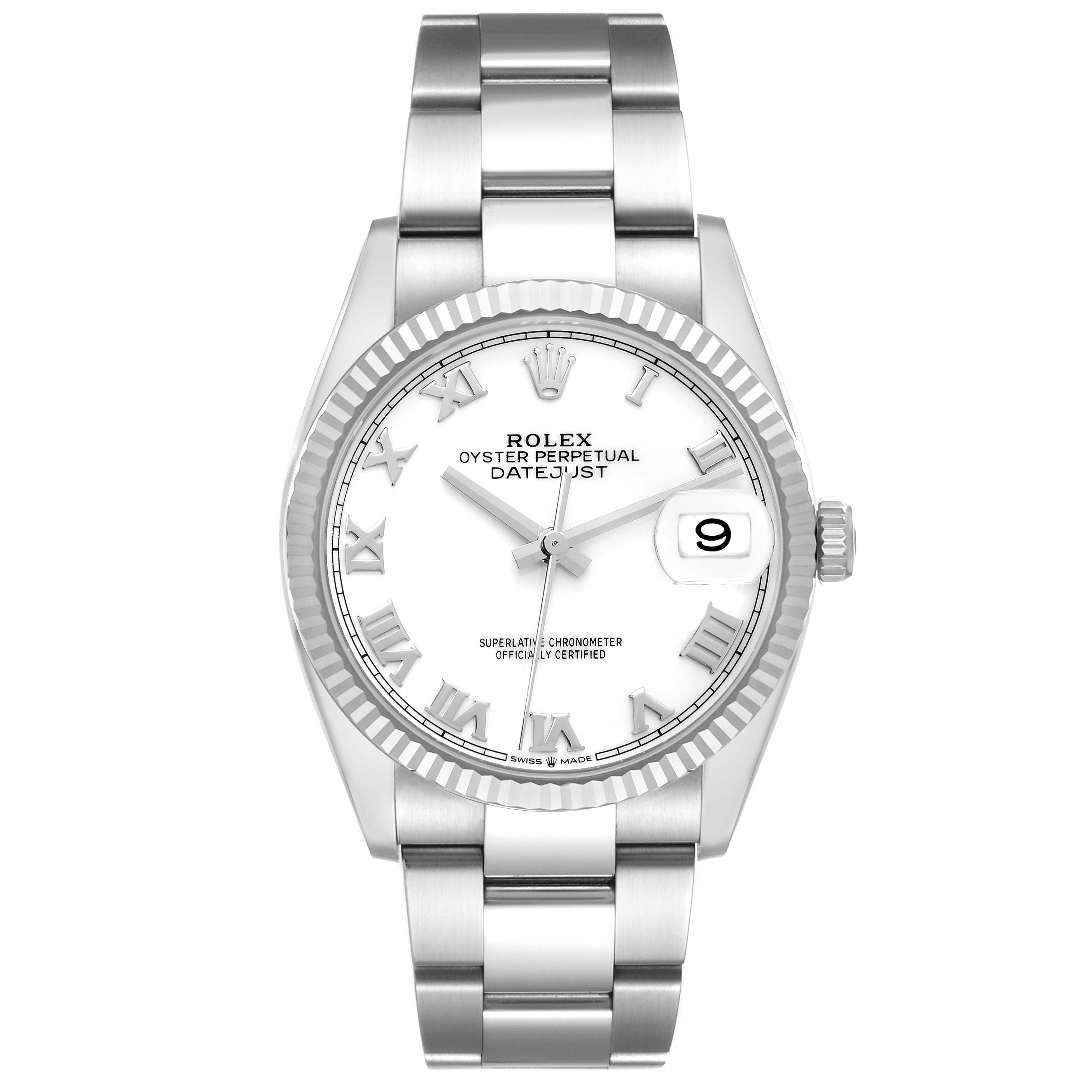 The Rolex Datejust 126234 Men's Stainless Steel White Dial 126234 Men's Stainless Steel White Dial watch is shown from a front angle, displaying its face, bracelet, and date window at 3 o'clock.