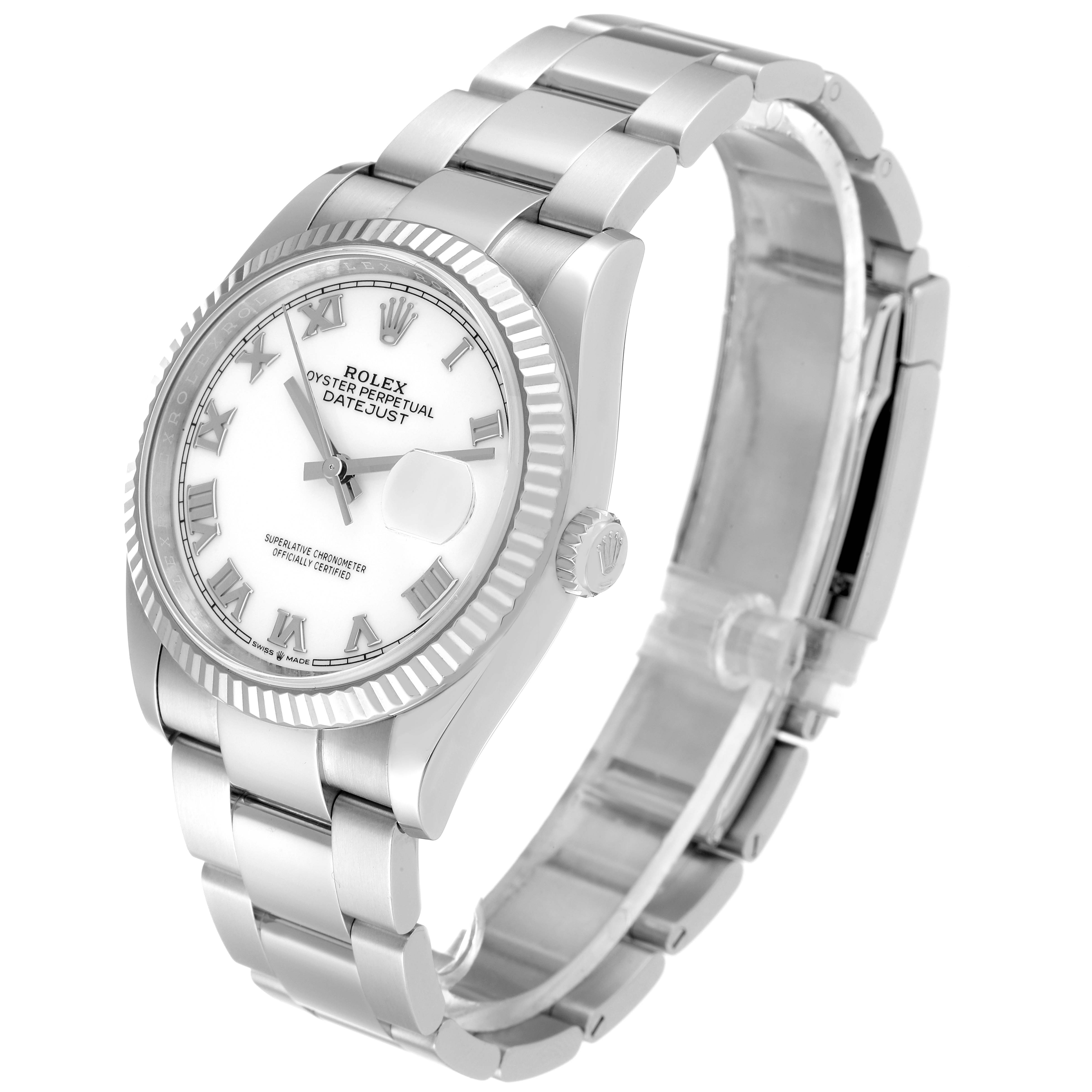 The Rolex Datejust 126234 Men's Stainless Steel White Dial 126234 Men's Stainless Steel White Dial watch is shown at a three-quarter angle, displaying the dial, bezel, and bracelet prominently.