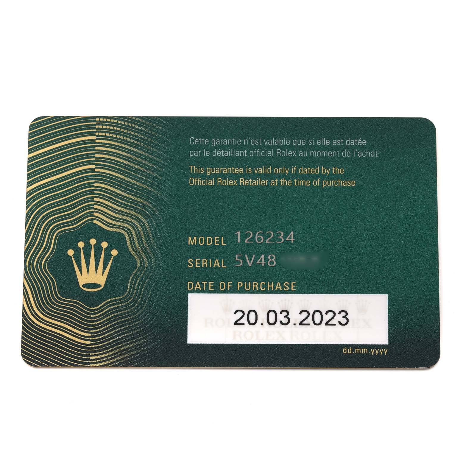 The image shows a close-up of a Rolex Datejust 126234 Men's Stainless Steel White Dial 126234 Men's Stainless Steel White Dial model warranty card with model number 126234.