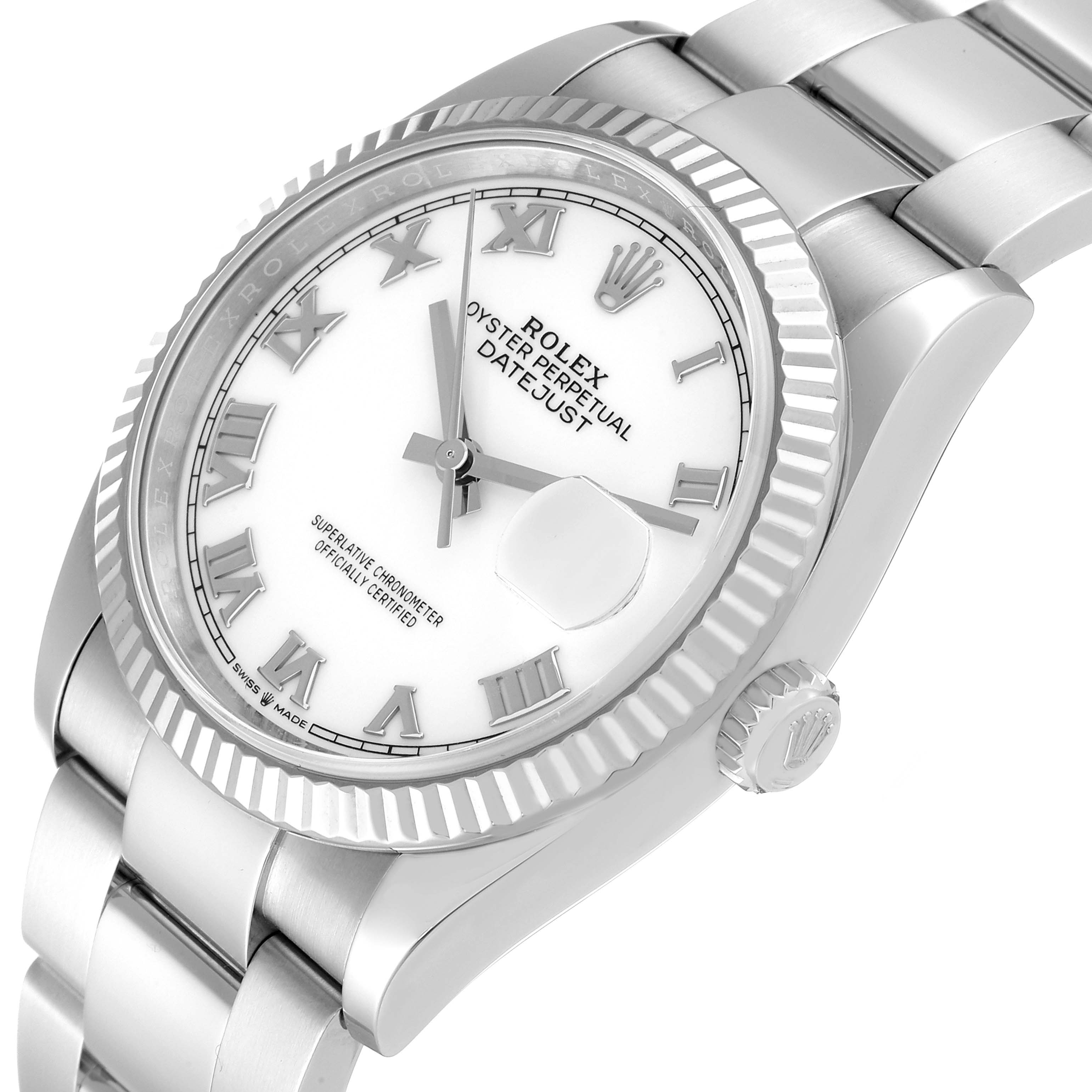 The Rolex Datejust 126234 Men's Stainless Steel White Dial 126234 Men's Stainless Steel White Dial watch is shown at an angled close-up, highlighting the face, bezel, crown, and part of the bracelet.
