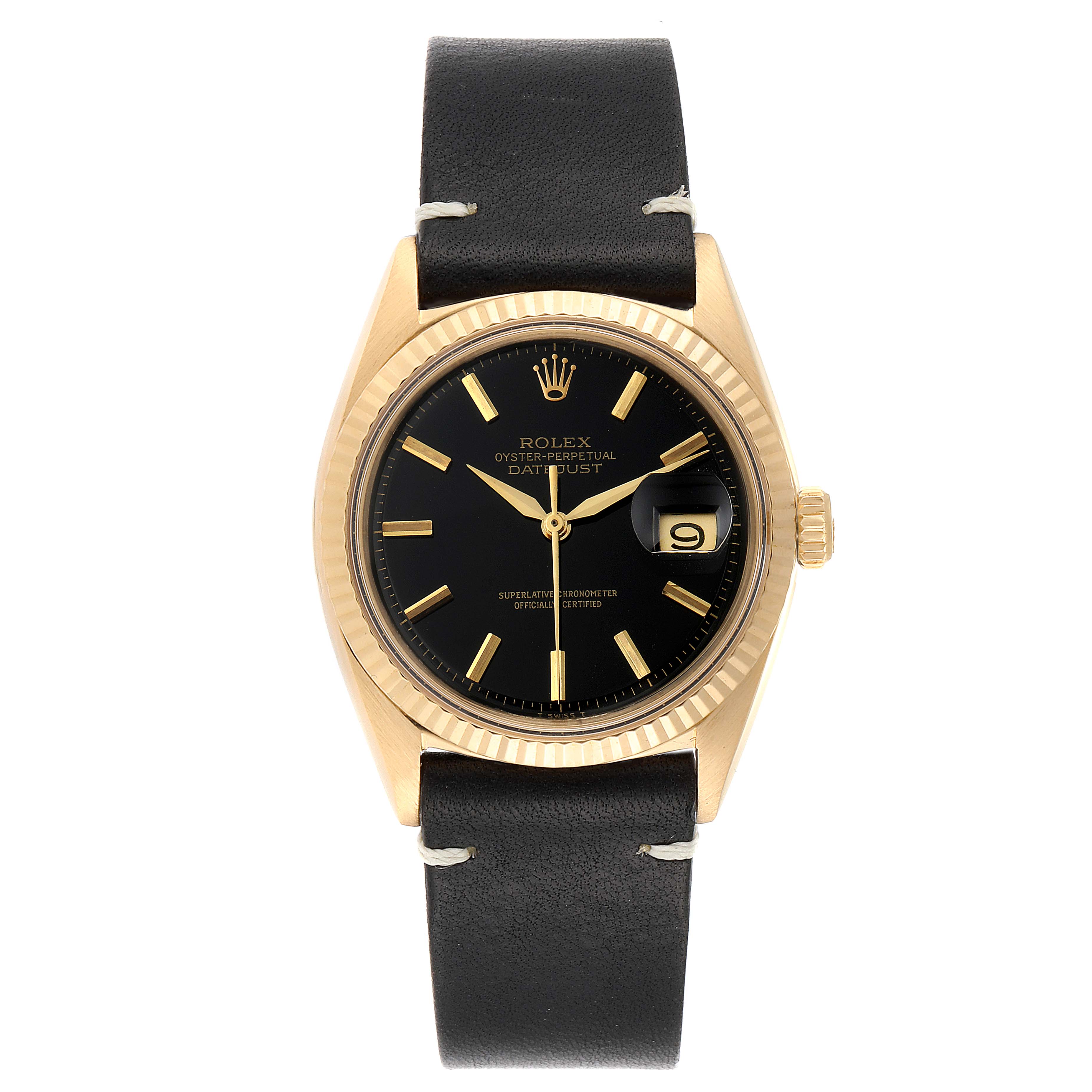 This image shows a front view of the Rolex Datejust 1601 Men's Yellow Gold Black Dial 1601 Men's Yellow Gold Black Dial watch, highlighting its black dial, gold bezel, black leather strap, and date feature.