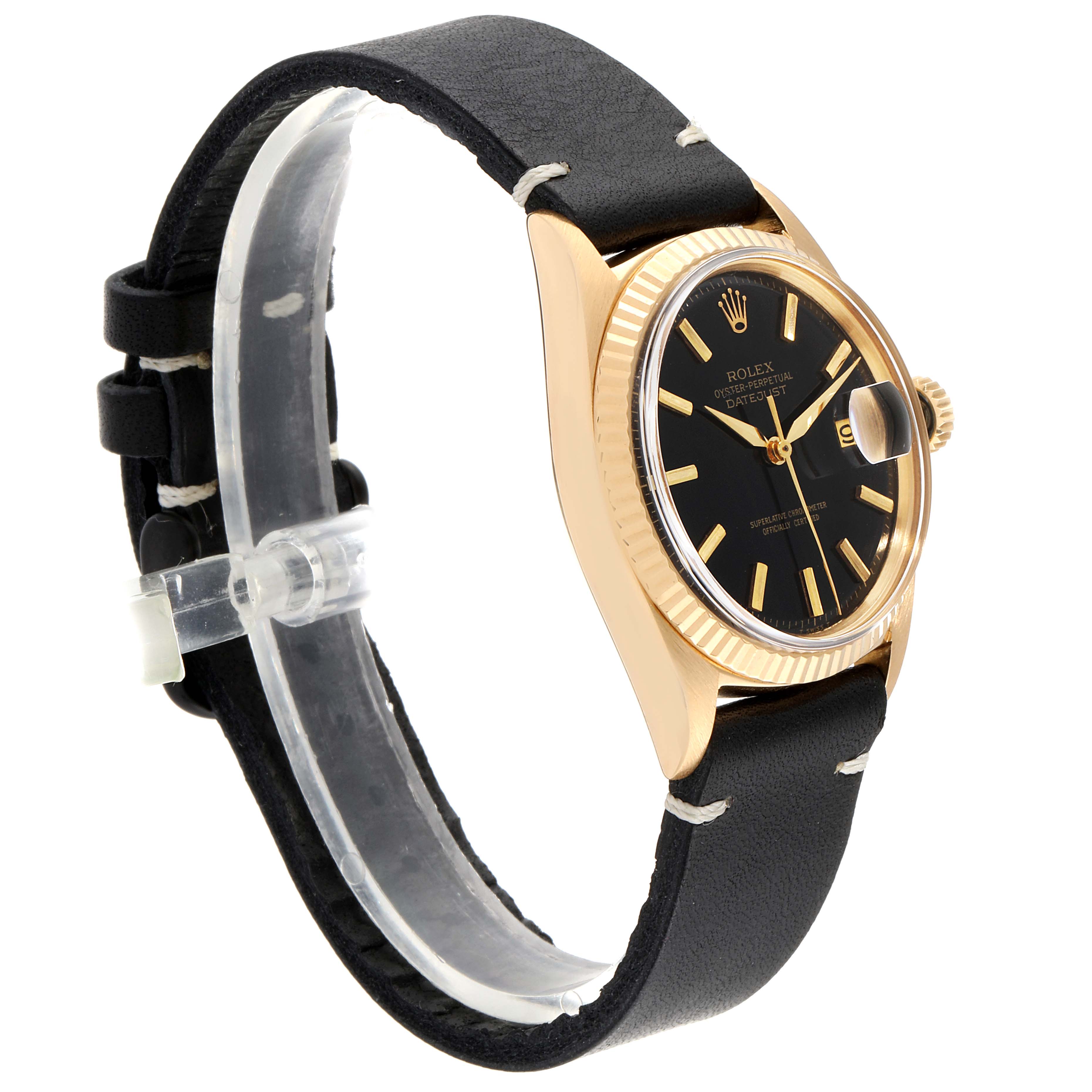 The image shows a side view of a Rolex Datejust 1601 Men's Yellow Gold Black Dial 1601 Men's Yellow Gold Black Dial watch featuring a gold case, black dial, and leather strap.