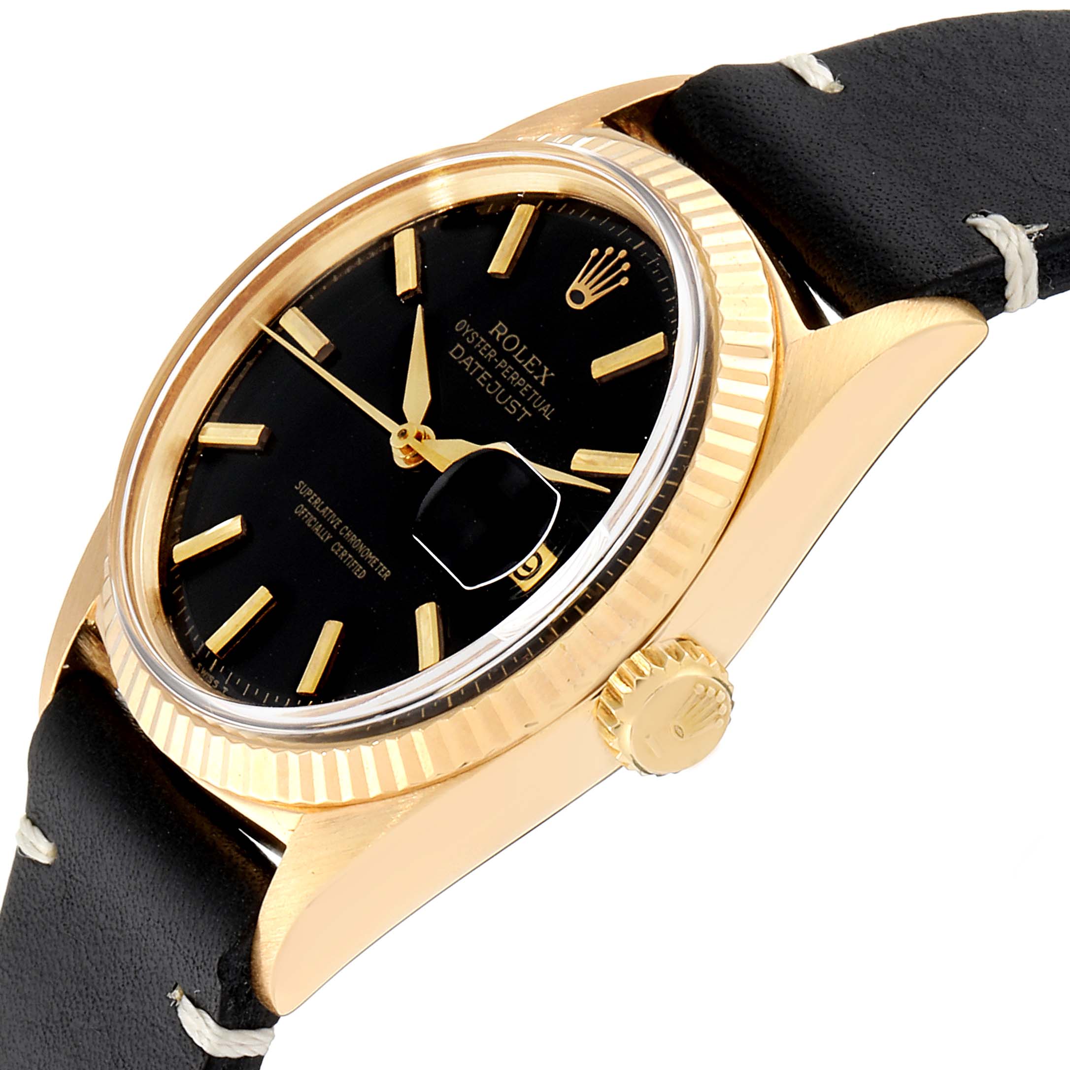 The image shows a close-up view of a Rolex Datejust 1601 Men's Yellow Gold Black Dial 1601 Men's Yellow Gold Black Dial watch, highlighting the black dial, date magnifier, and crown from an angled perspective.