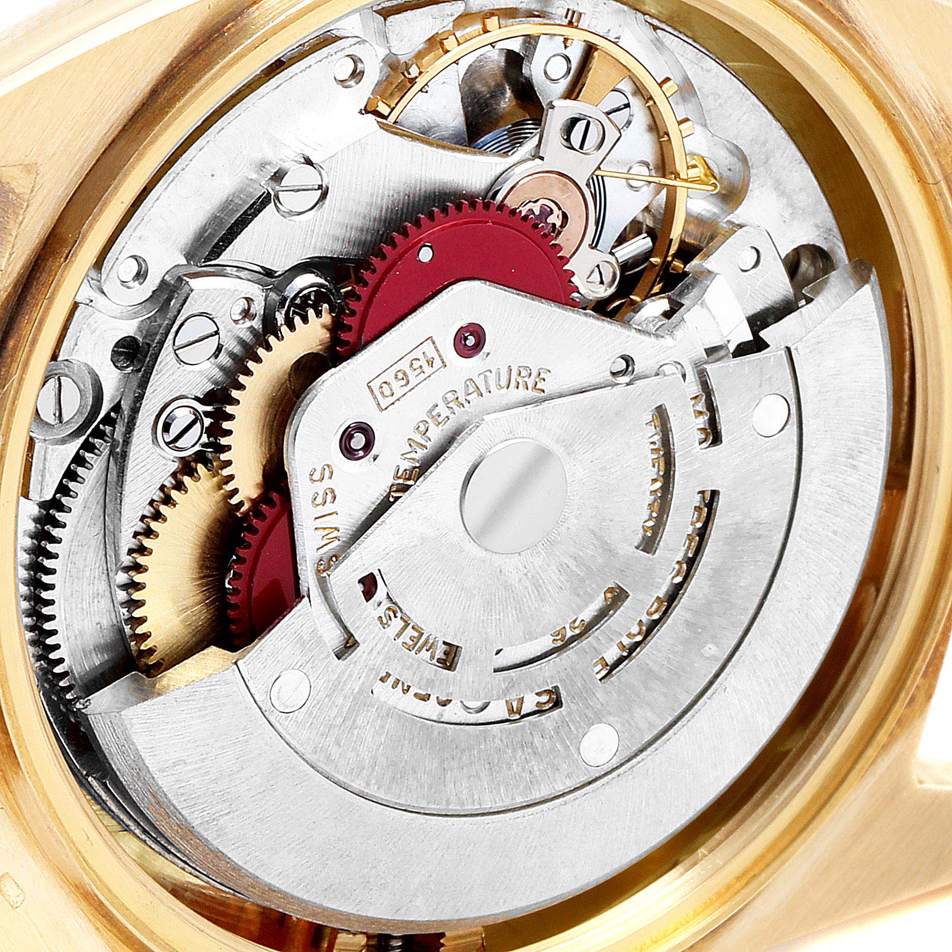 This image shows a close-up of the movement and internal components of a Rolex Datejust 1601 Men's Yellow Gold Black Dial 1601 Men's Yellow Gold Black Dial watch.