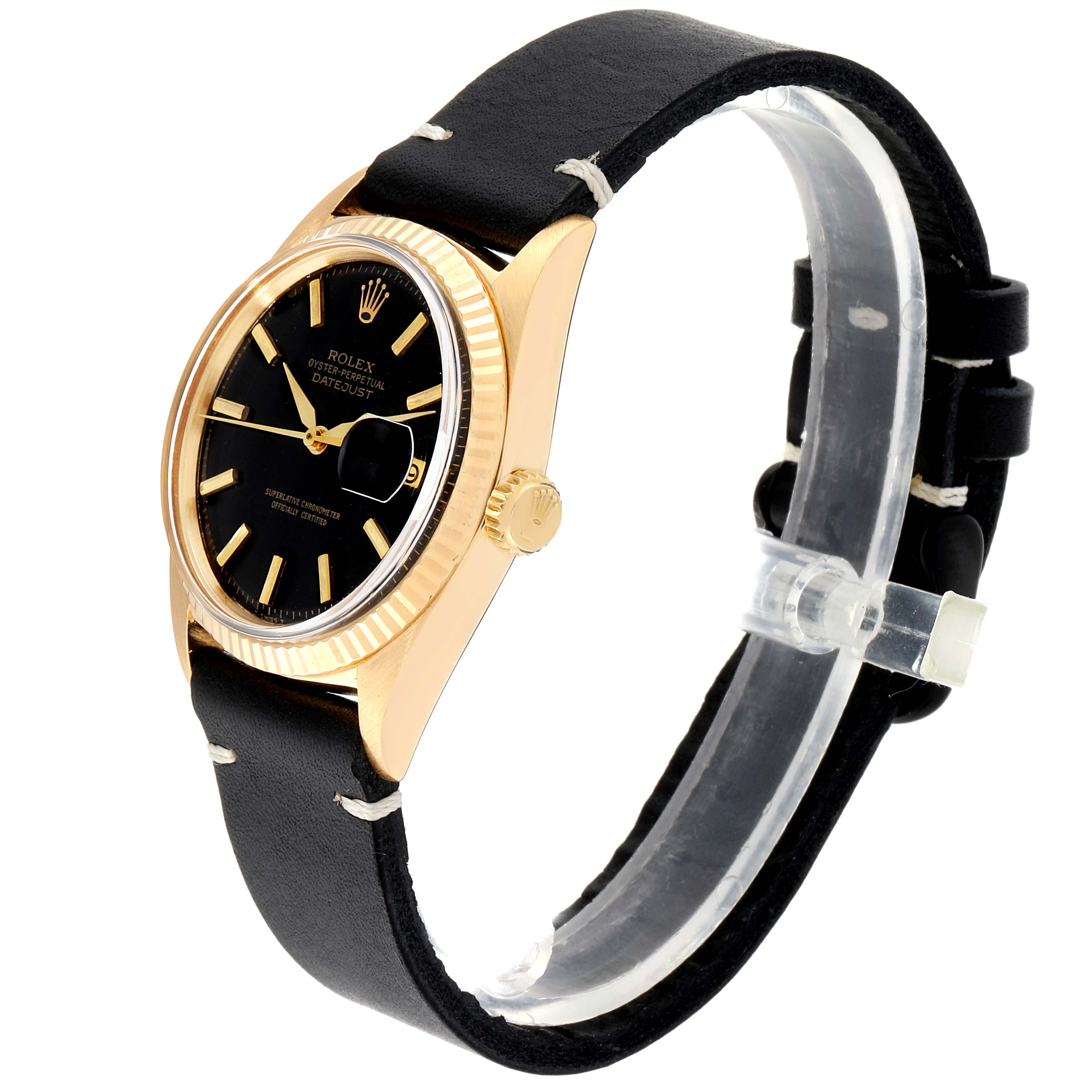 The image shows a Rolex Datejust 1601 Men's Yellow Gold Black Dial 1601 Men's Yellow Gold Black Dial watch from a side angle, featuring its black dial, gold case, and black leather strap.