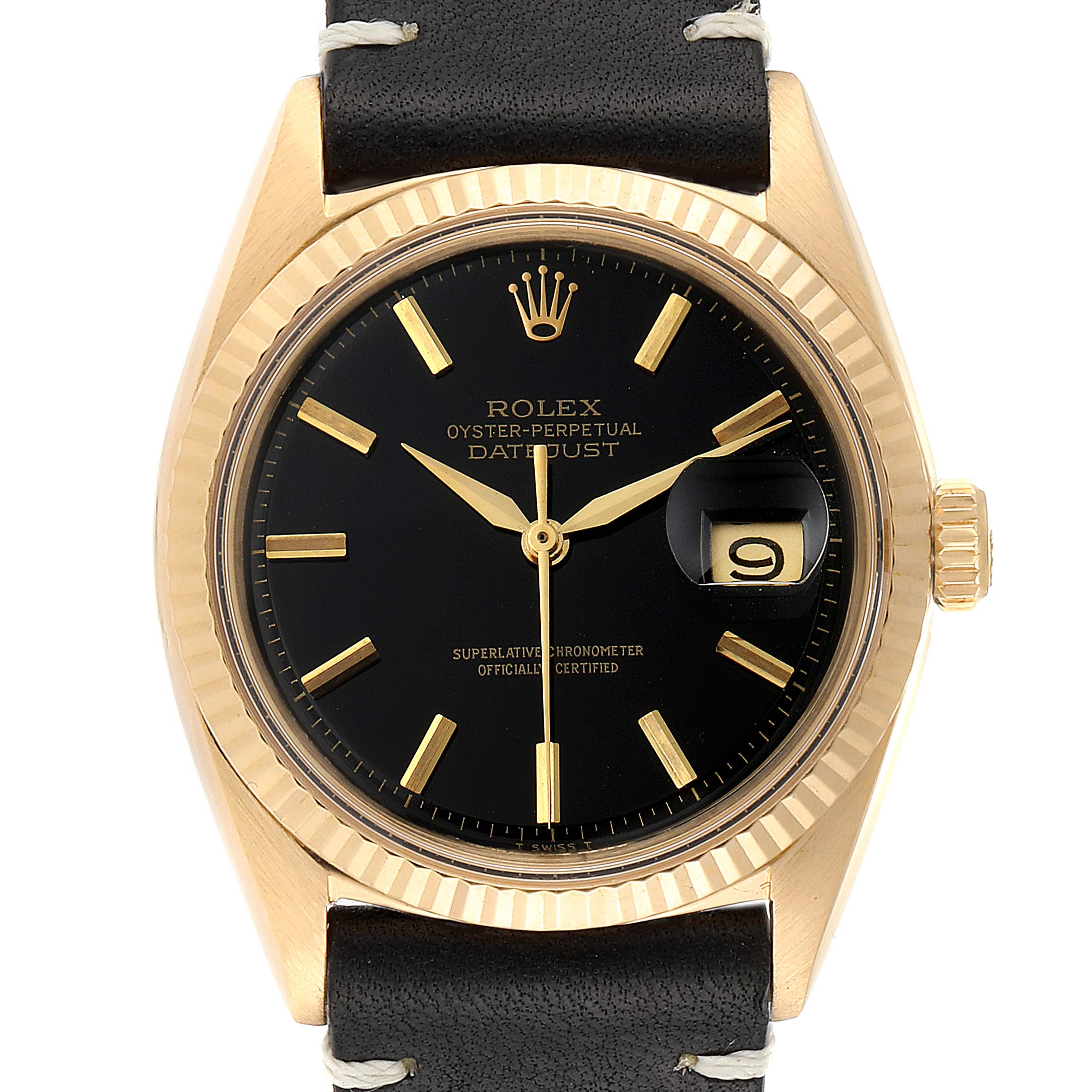 The image shows a Rolex Datejust 1601 Men's Yellow Gold Black Dial 1601 Men's Yellow Gold Black Dial watch with a gold case, black dial, date window, and leather strap viewed from the front.