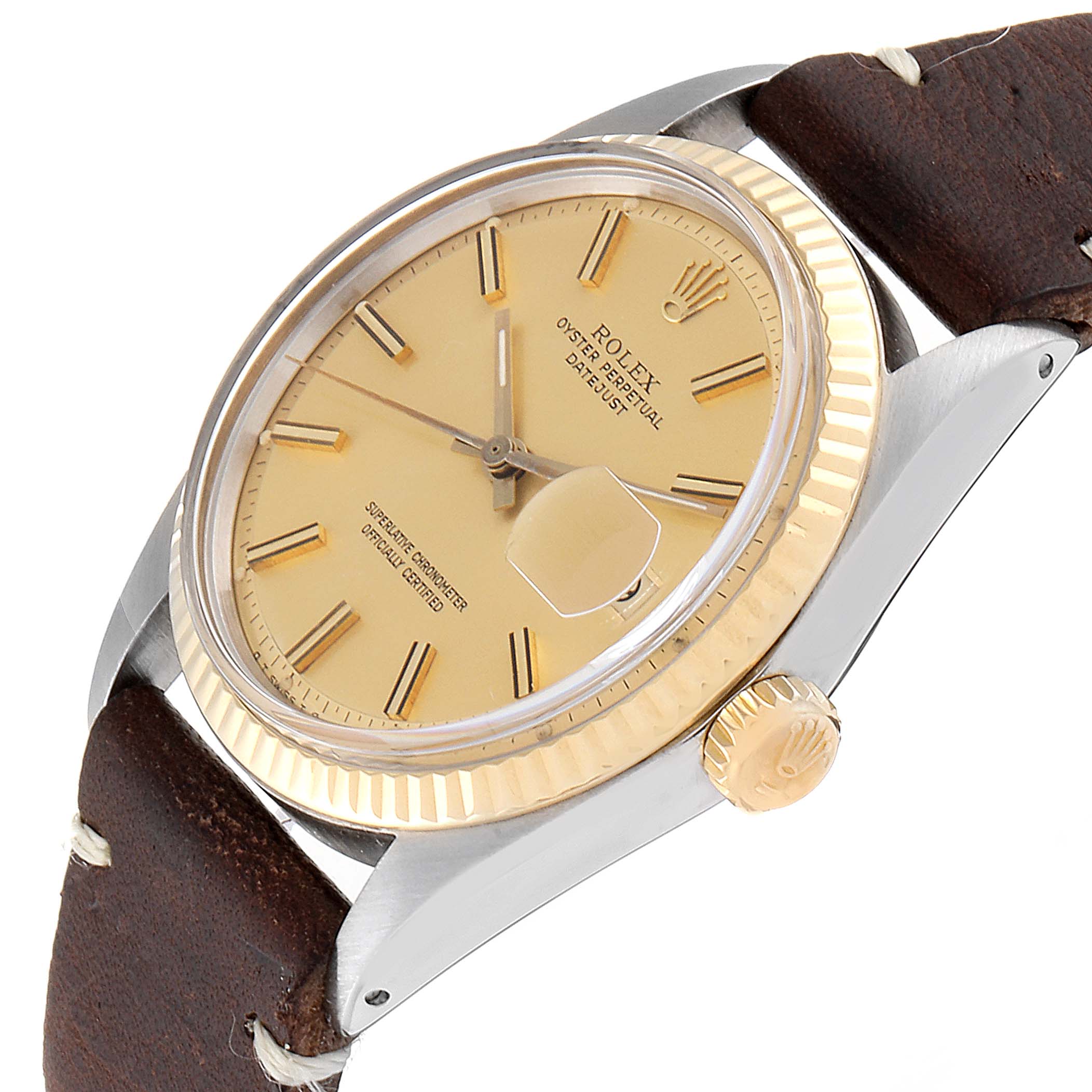 This image shows a side angle of a Rolex Datejust 1601 Men's Stainless Steel Champagne Dial 1601 Men's Stainless Steel Champagne Dial watch, highlighting its bezel, crown, dial, and leather strap.