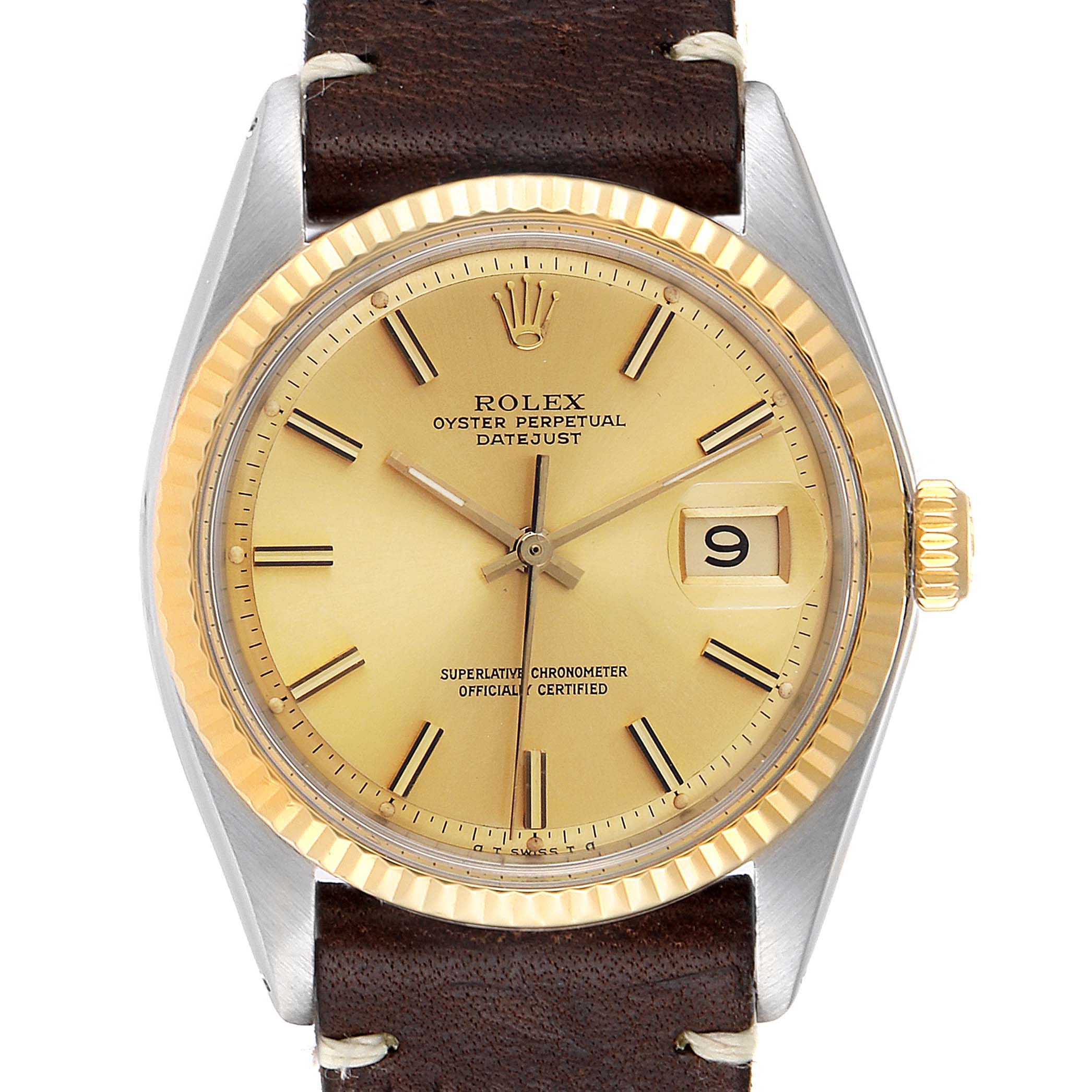 This image shows a front view of a Rolex Datejust 1601 Men's Stainless Steel Champagne Dial 1601 Men's Stainless Steel Champagne Dial watch with a gold dial, fluted bezel, and brown leather strap.
