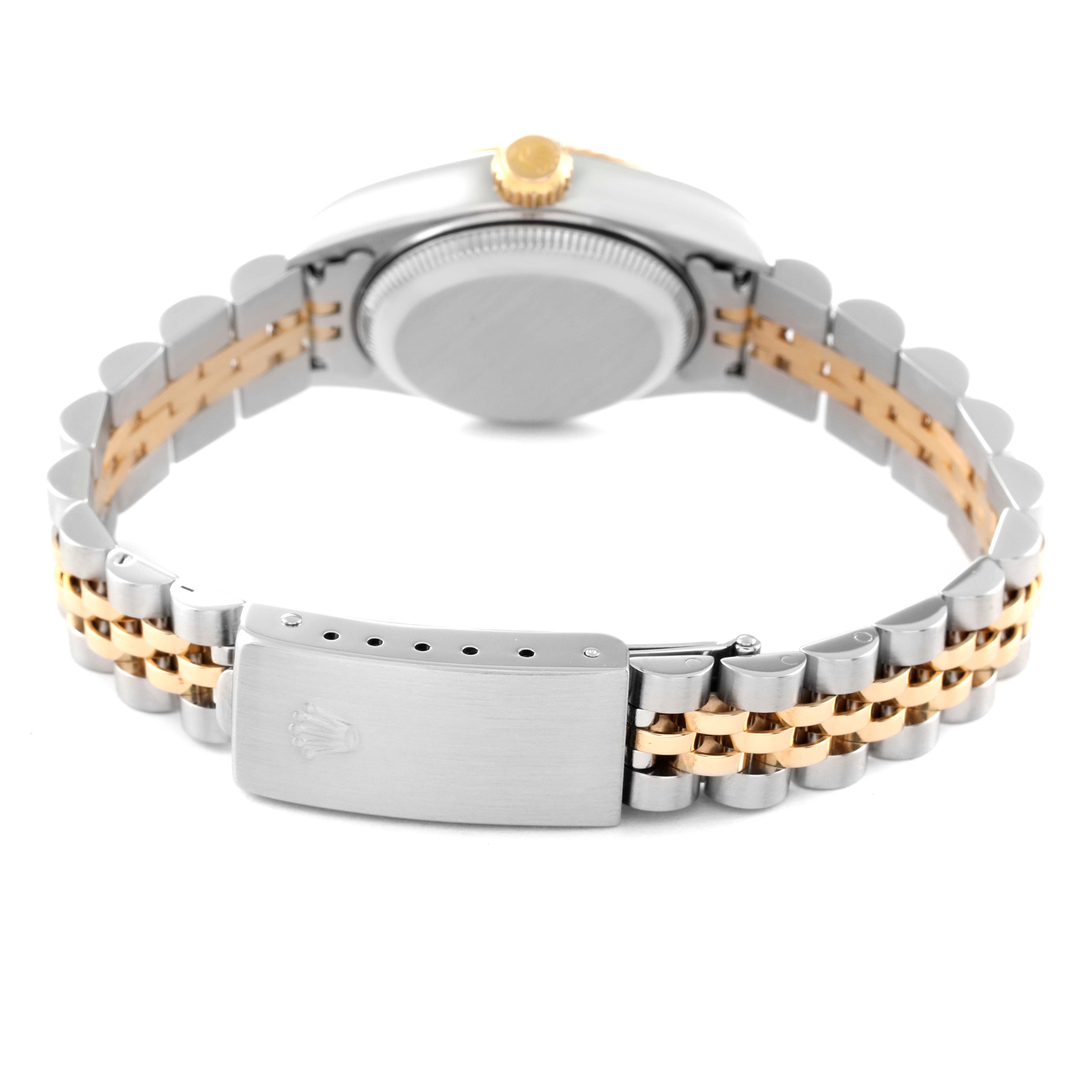 The image shows the back view of a Rolex Datejust 79173 Women's Steel and Gold (two tone) Champagne Dial 79173 Women's Steel and Gold (two tone) Champagne Dial watch, highlighting the clasp and bracelet.