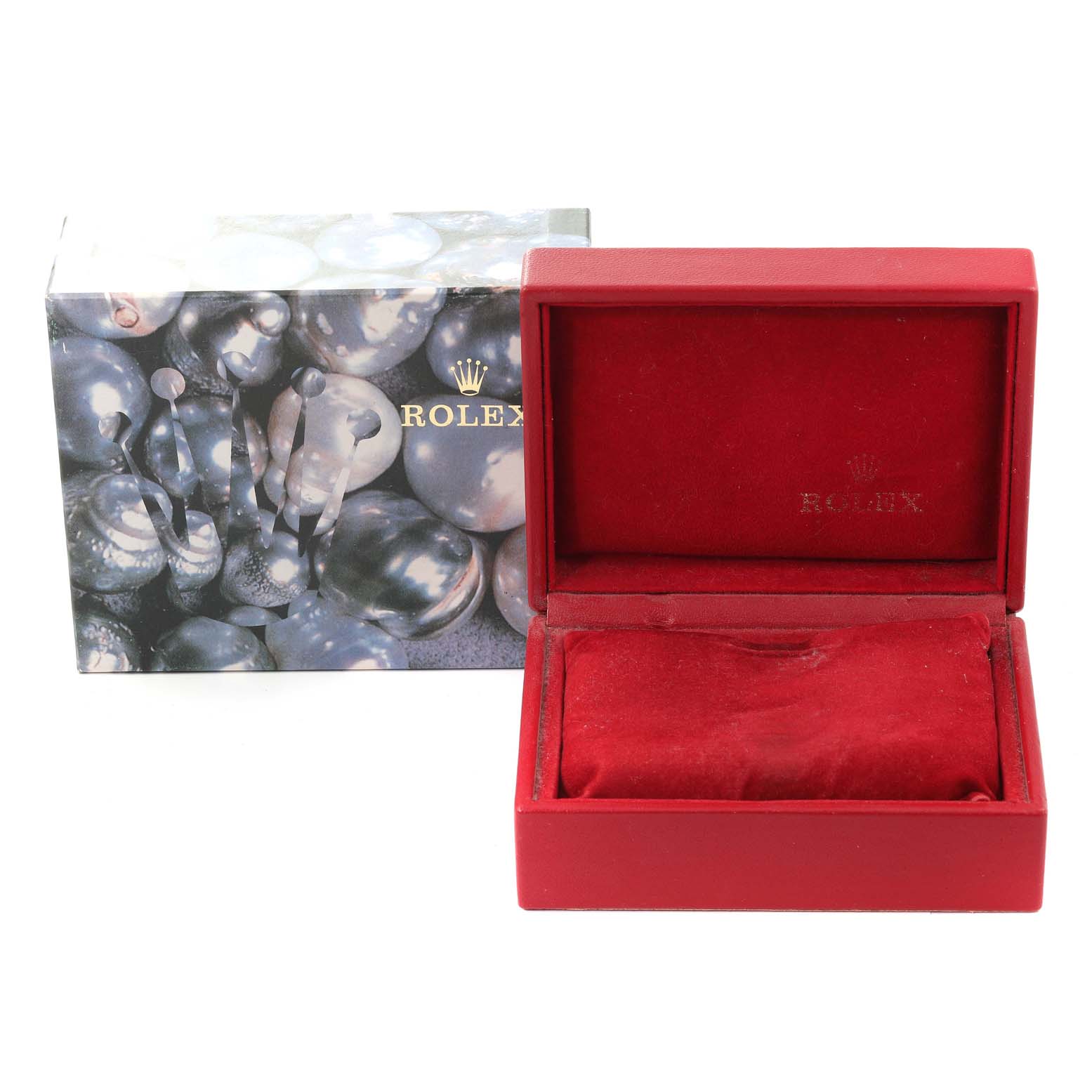 The image shows a red Rolex Datejust 79173 Women's Steel and Gold (two tone) Champagne Dial 79173 Women's Steel and Gold (two tone) Champagne Dial watch box with a protective outer box beside it, both viewed from the front.