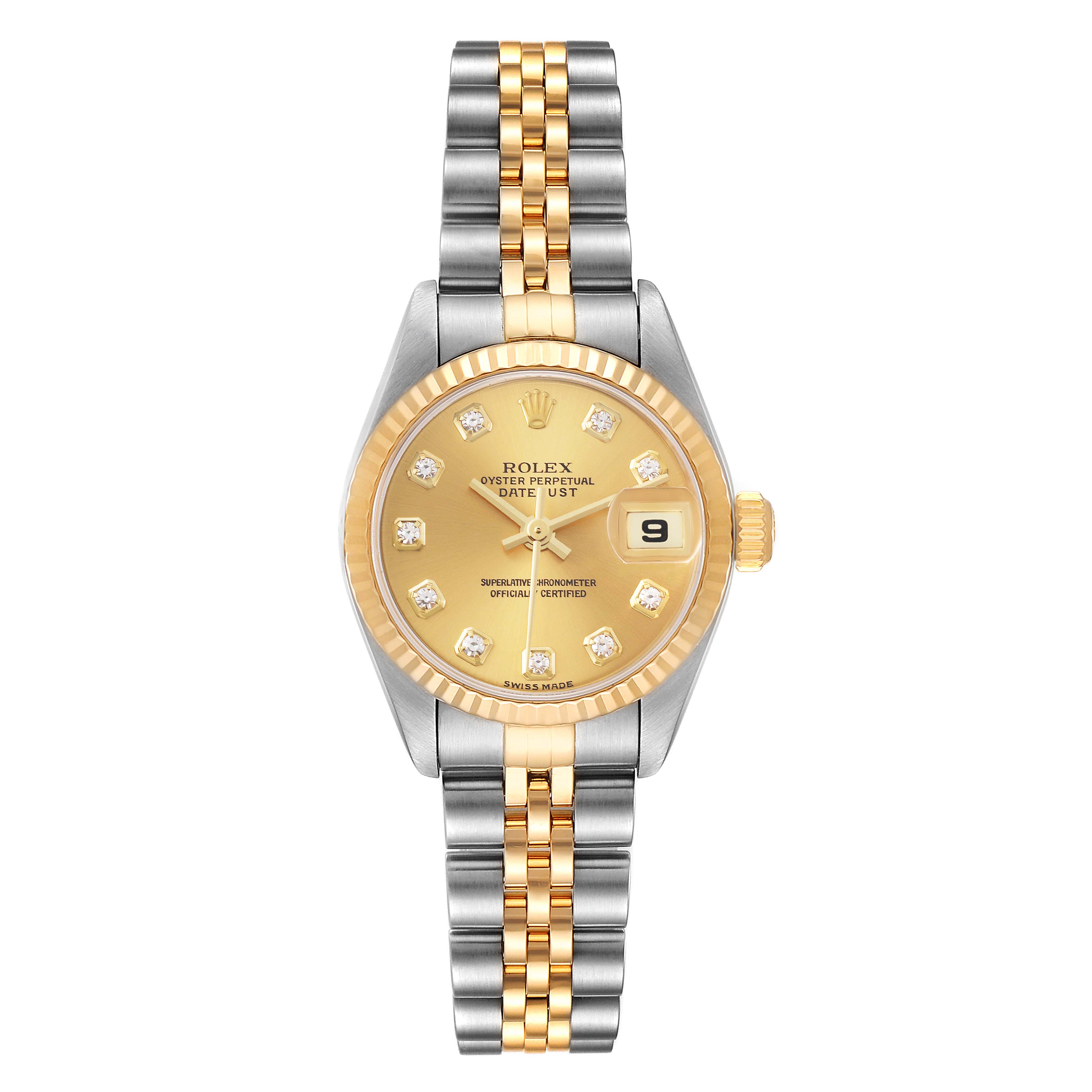 The image shows a Rolex Datejust 79173 Women's Steel and Gold (two tone) Champagne Dial 79173 Women's Steel and Gold (two tone) Champagne Dial watch from a top-down angle, displaying the face, bezel, crown, and bracelet.