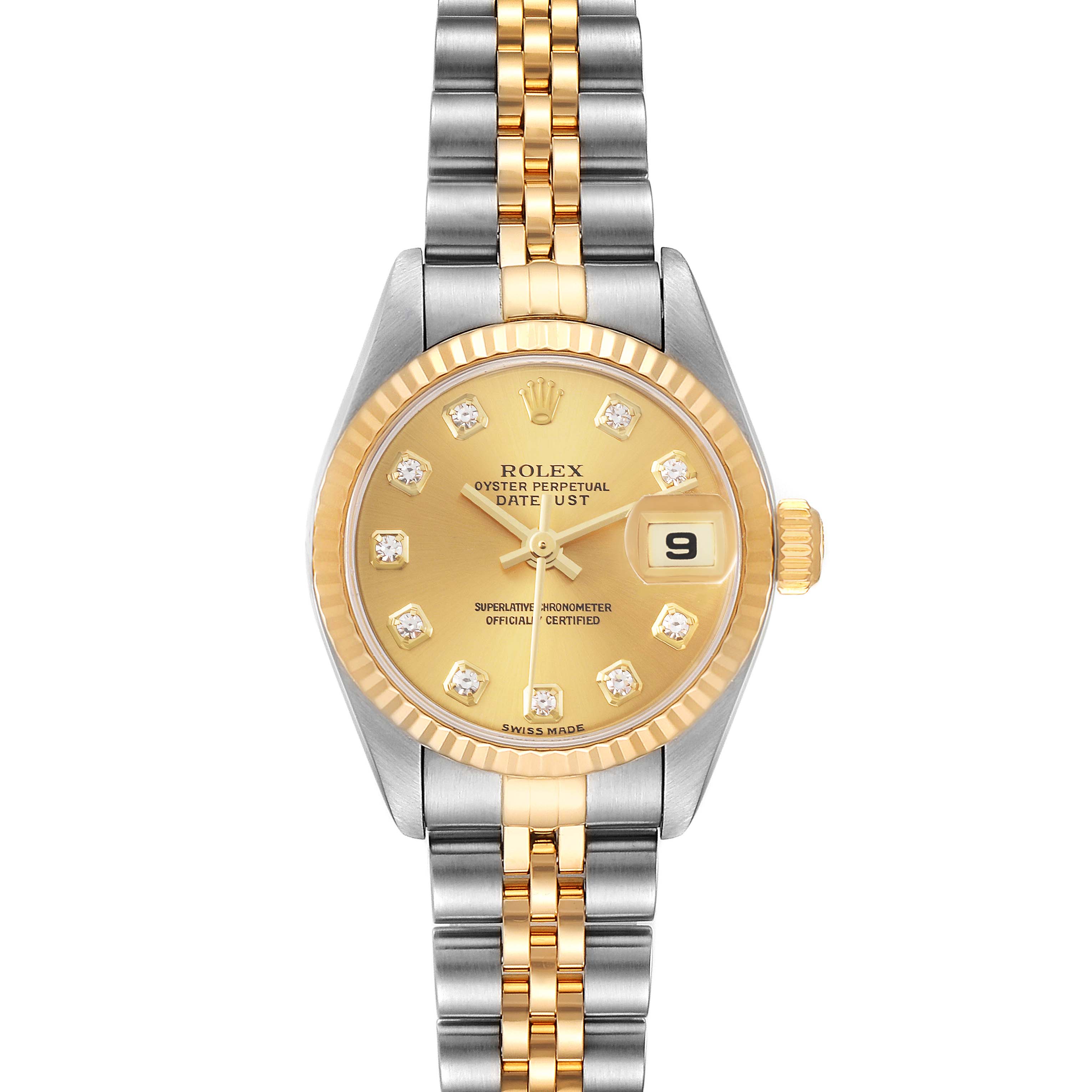 This image shows a frontal view of a Rolex Datejust 79173 Women's Steel and Gold (two tone) Champagne Dial 79173 Women's Steel and Gold (two tone) Champagne Dial watch, highlighting the dial, bracelet, and crown.