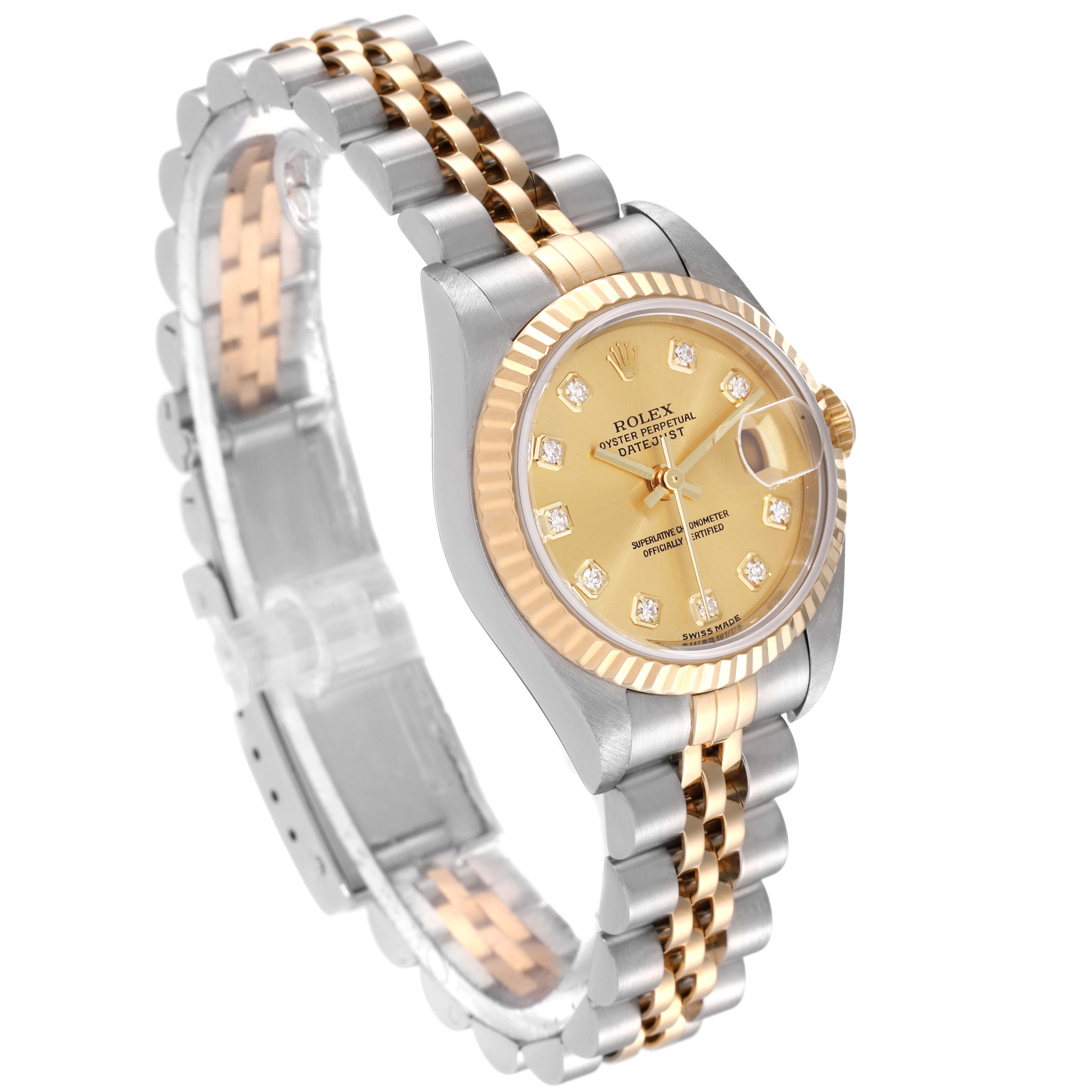 The Rolex Datejust 79173 Women's Steel and Gold (two tone) Champagne Dial 79173 Women's Steel and Gold (two tone) Champagne Dial watch is shown at an angled view, highlighting the face, bezel, and two-tone bracelet.