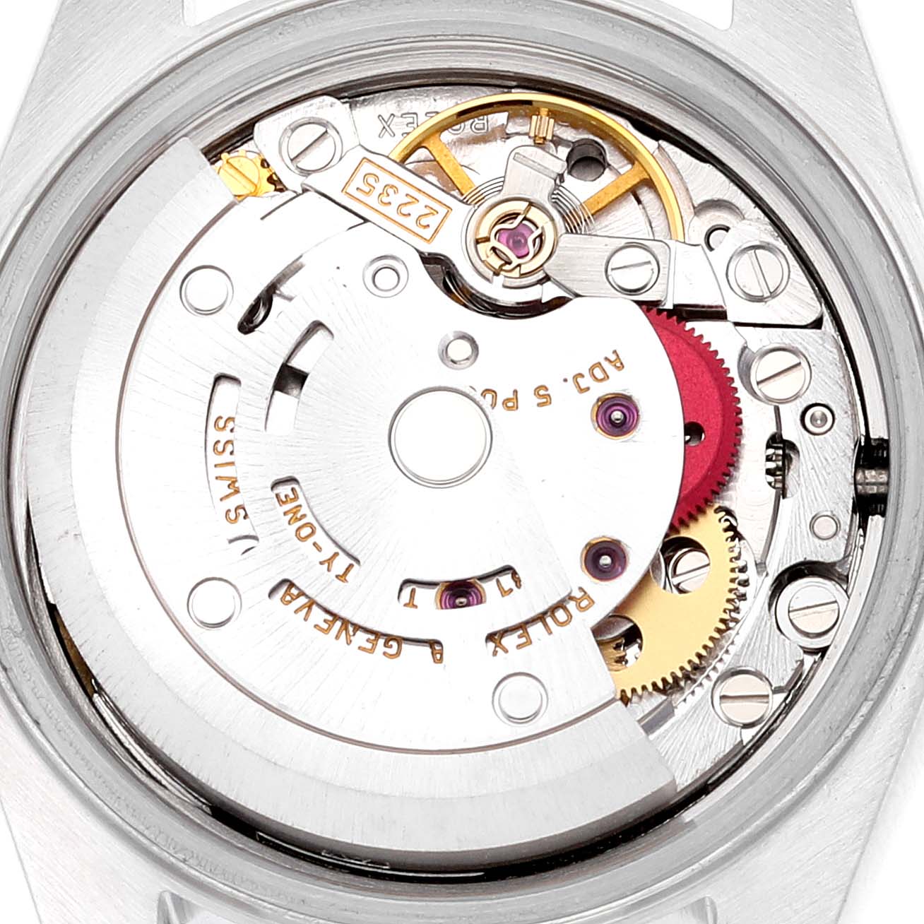 This image shows a close-up view of the movement and internal components of a Rolex Datejust 79173 Women's Steel and Gold (two tone) Champagne Dial 79173 Women's Steel and Gold (two tone) Champagne Dial watch.