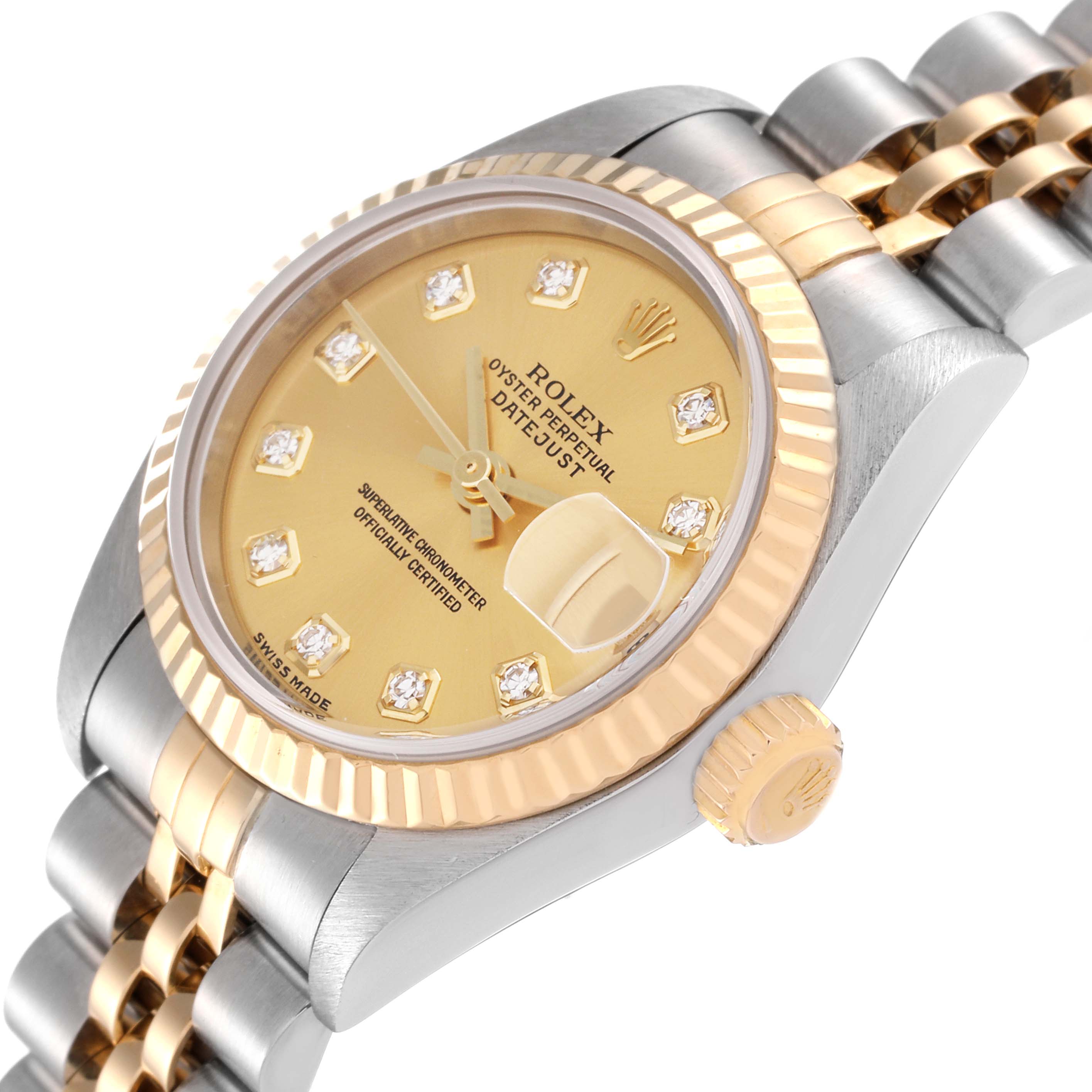The image shows a close-up angled view of the Rolex Datejust 79173 Women's Steel and Gold (two tone) Champagne Dial 79173 Women's Steel and Gold (two tone) Champagne Dial watch, highlighting the bezel, dial, bracelet, and crown.