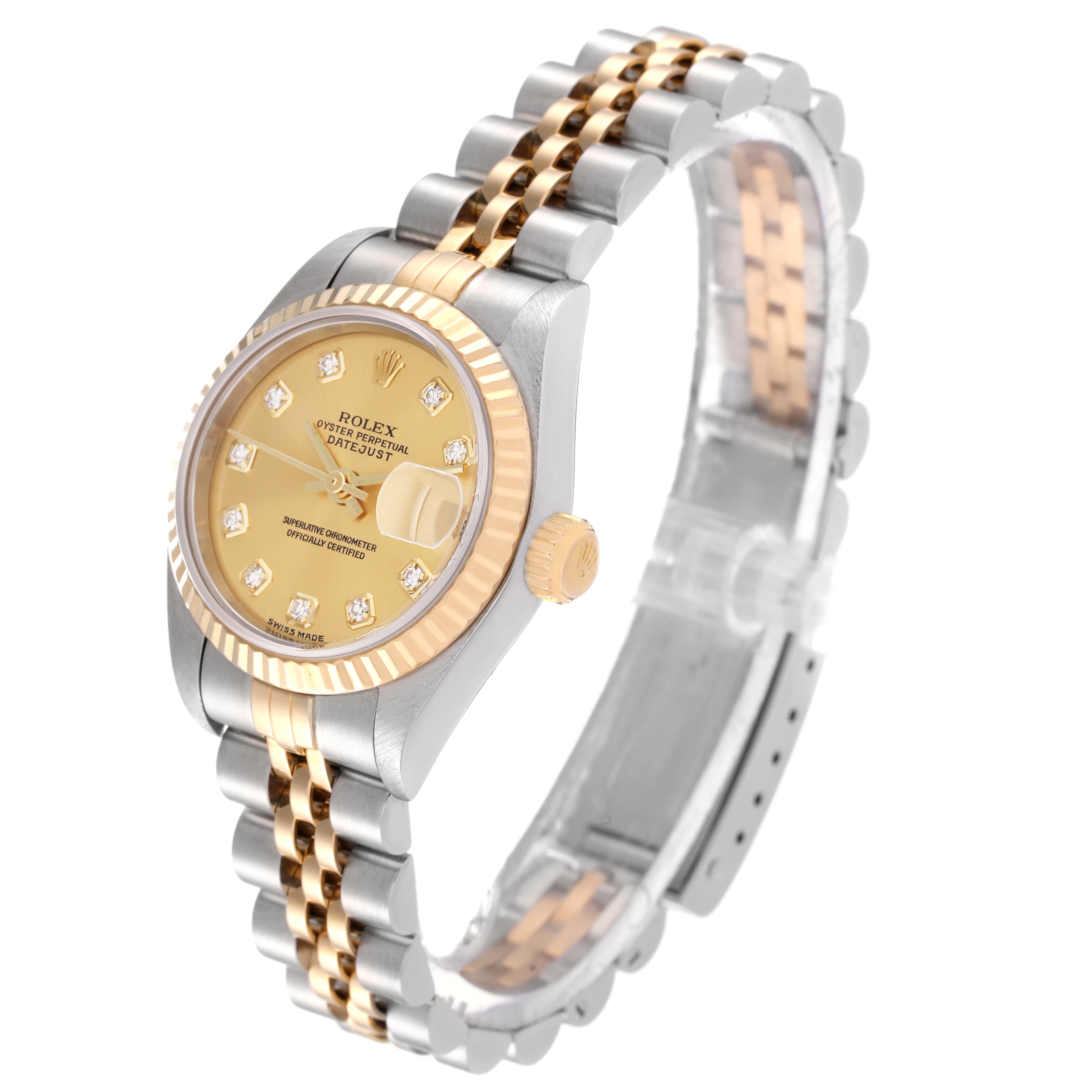 The image shows a Rolex Datejust 79173 Women's Steel and Gold (two tone) Champagne Dial 79173 Women's Steel and Gold (two tone) Champagne Dial watch at a tilted angle, highlighting its two-tone bracelet, fluted bezel, and champagne dial.