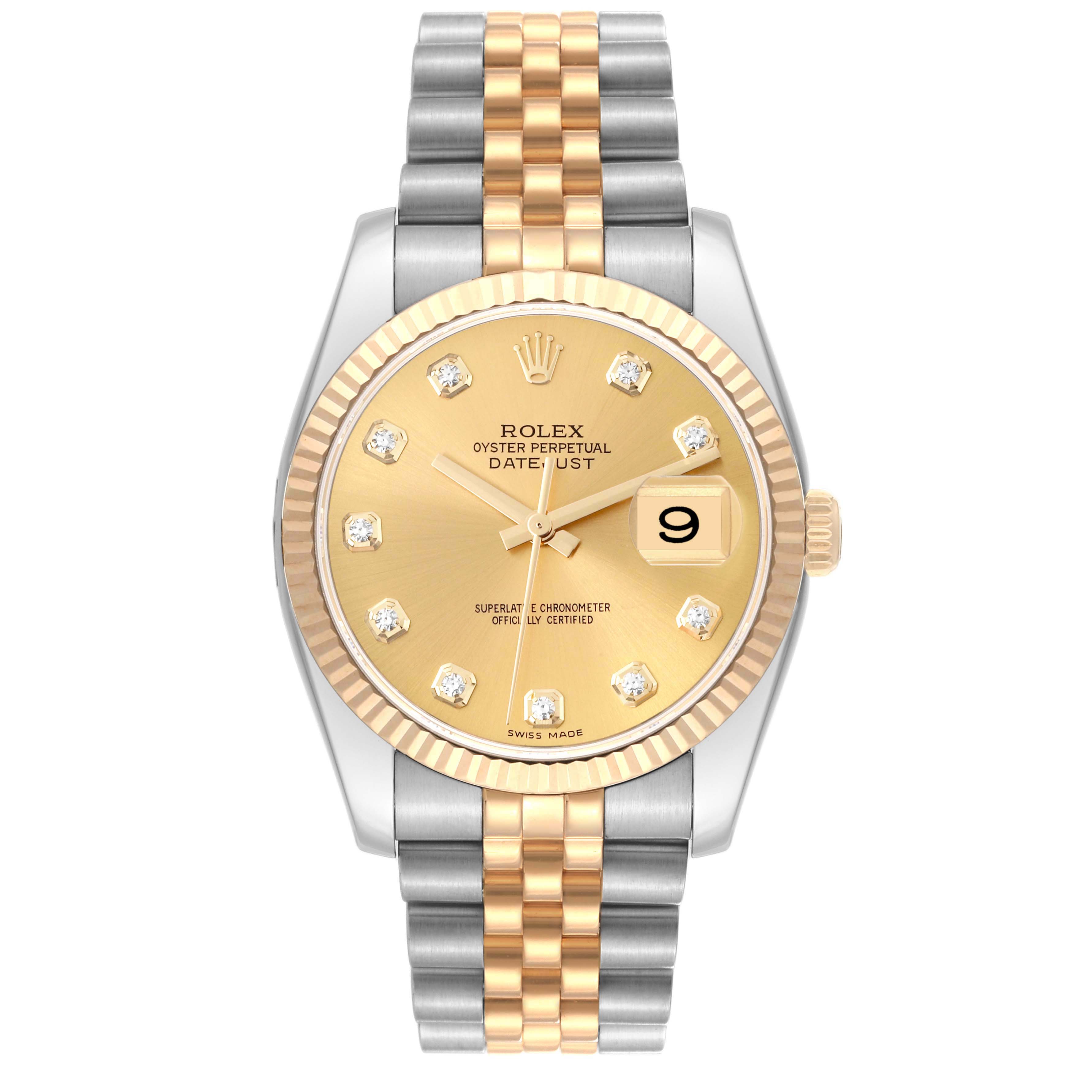 The Rolex Datejust 116233 Men's Steel and Gold (two tone) Champagne Dial 116233 Men's Steel and Gold (two tone) Champagne Dial watch is shown from the front, highlighting the gold dial, diamond markers, and two-tone bracelet.
