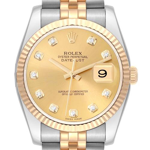 The image shows a front view of a Rolex Datejust watch, highlighting its dial, fluted bezel, and bracelet.